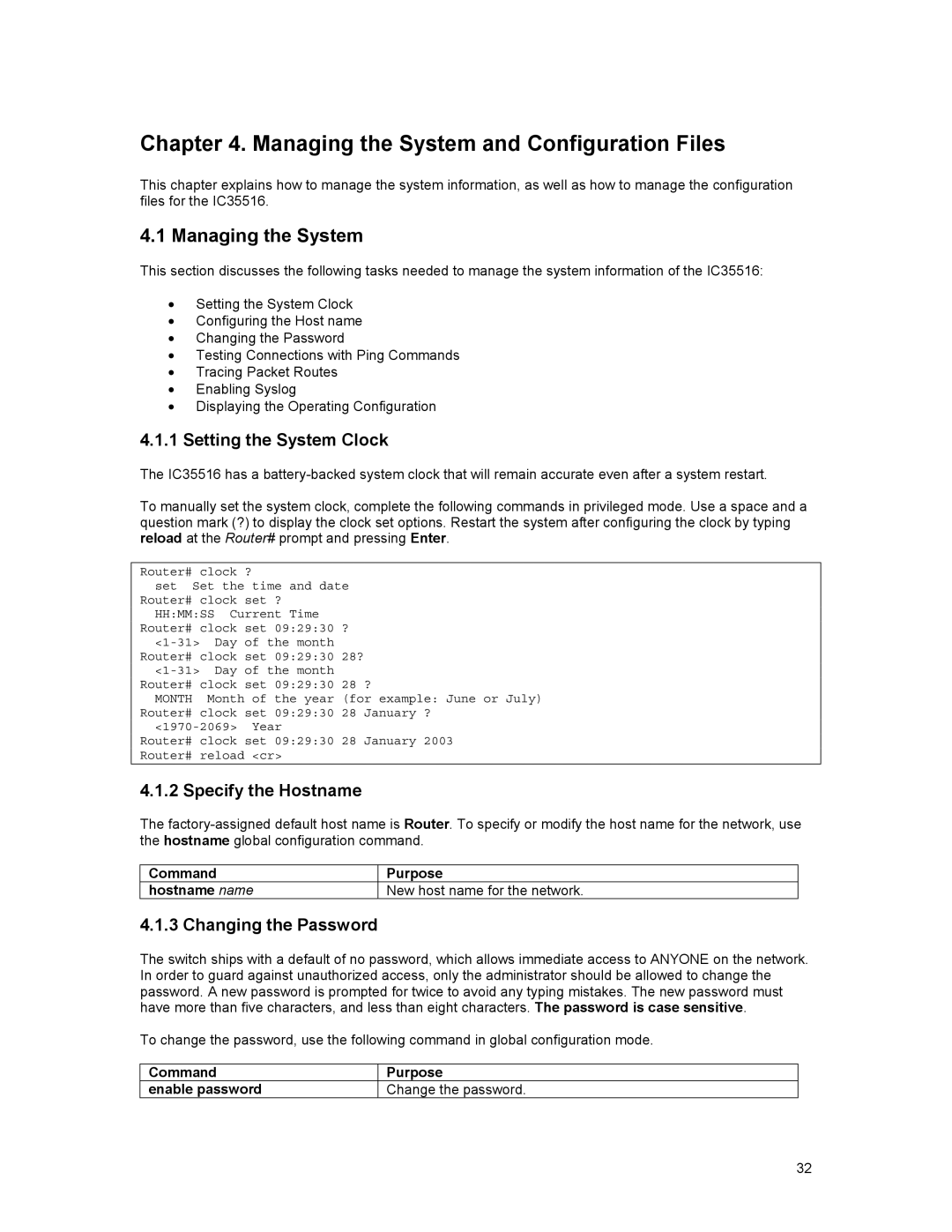 Asante Technologies 35516 Managing the System and Configuration Files, Setting the System Clock, Specify the Hostname 