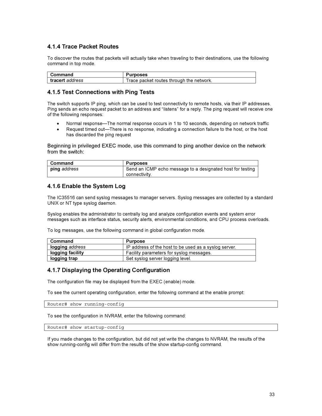 Asante Technologies 35516 Trace Packet Routes, Test Connections with Ping Tests, Enable the System Log, Ping address 