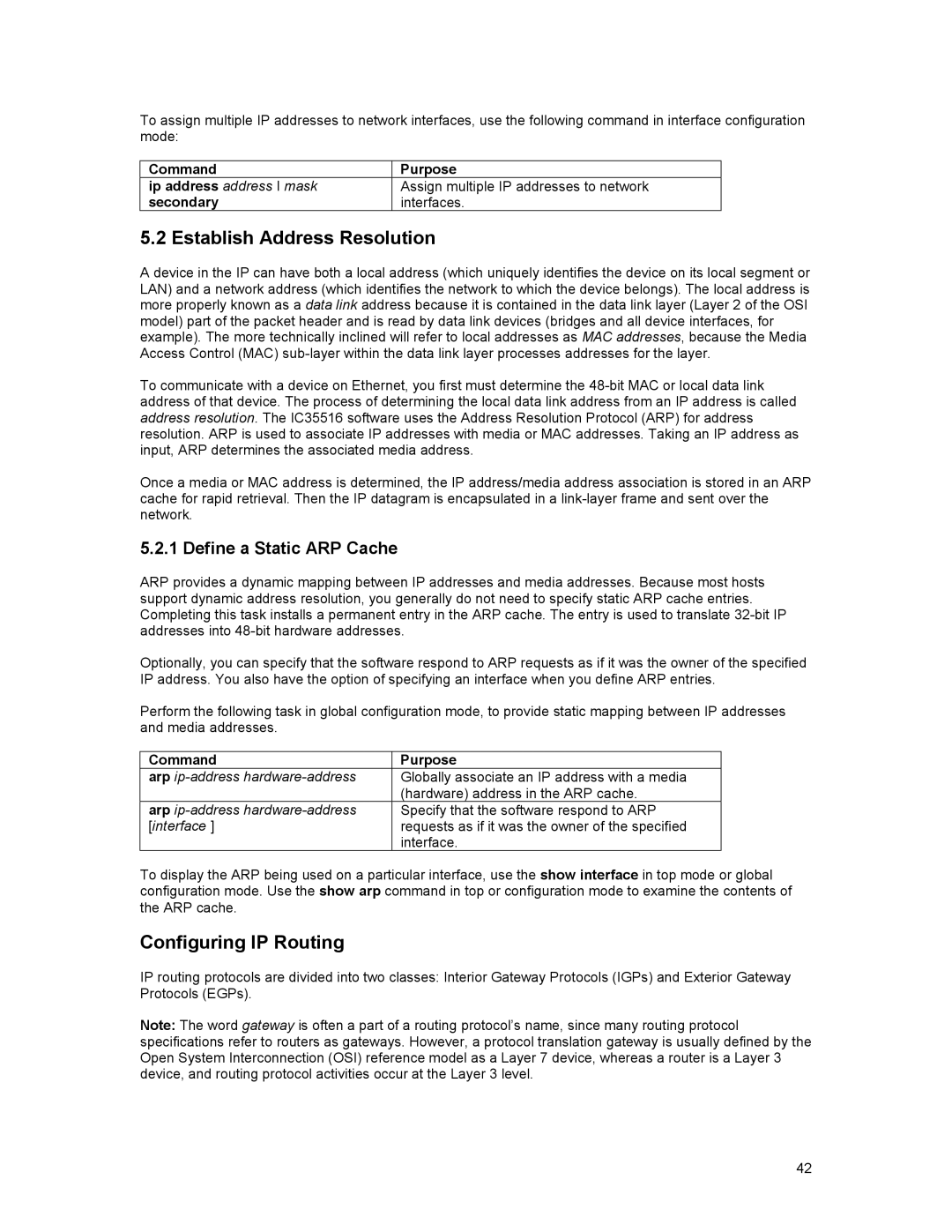 Asante Technologies 35516 Establish Address Resolution, Configuring IP Routing, Define a Static ARP Cache, Secondary 