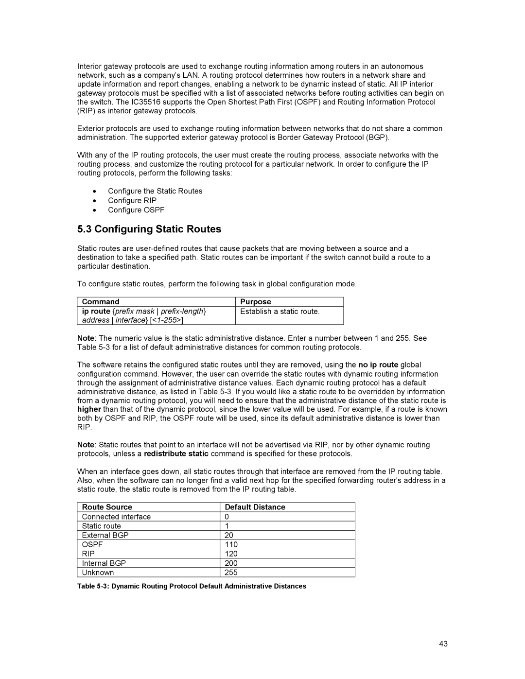 Asante Technologies 35516 user manual Configuring Static Routes, Route Source Default Distance 