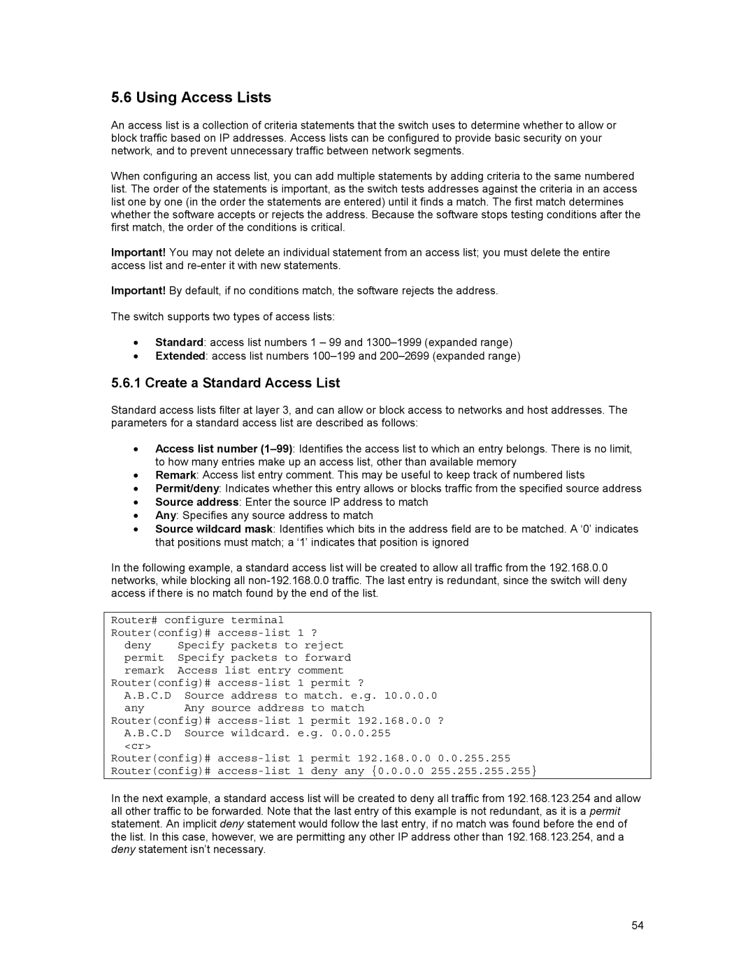 Asante Technologies 35516 user manual Using Access Lists, Create a Standard Access List 