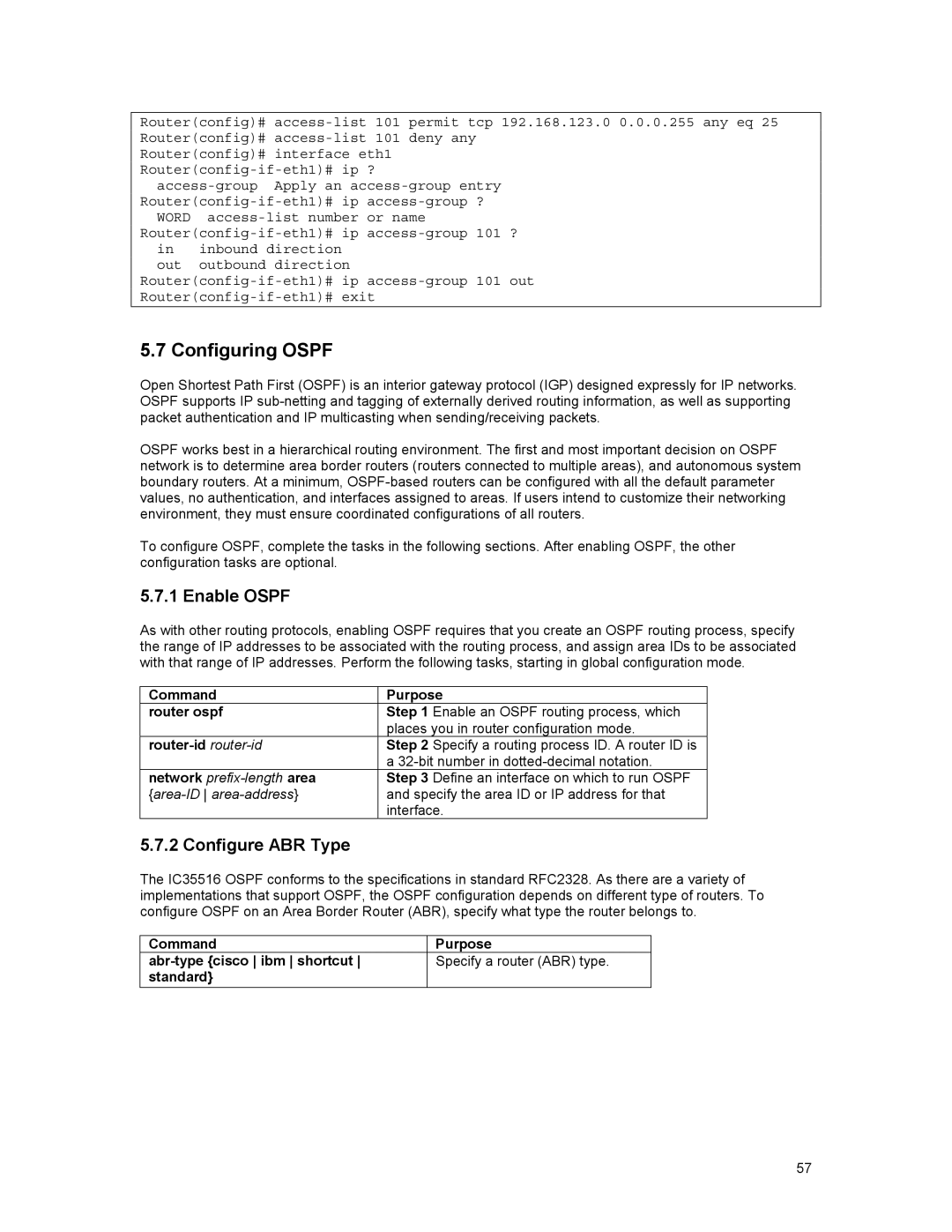 Asante Technologies 35516 user manual Configuring Ospf, Enable Ospf, Configure ABR Type, Command Purpose Router ospf Step 