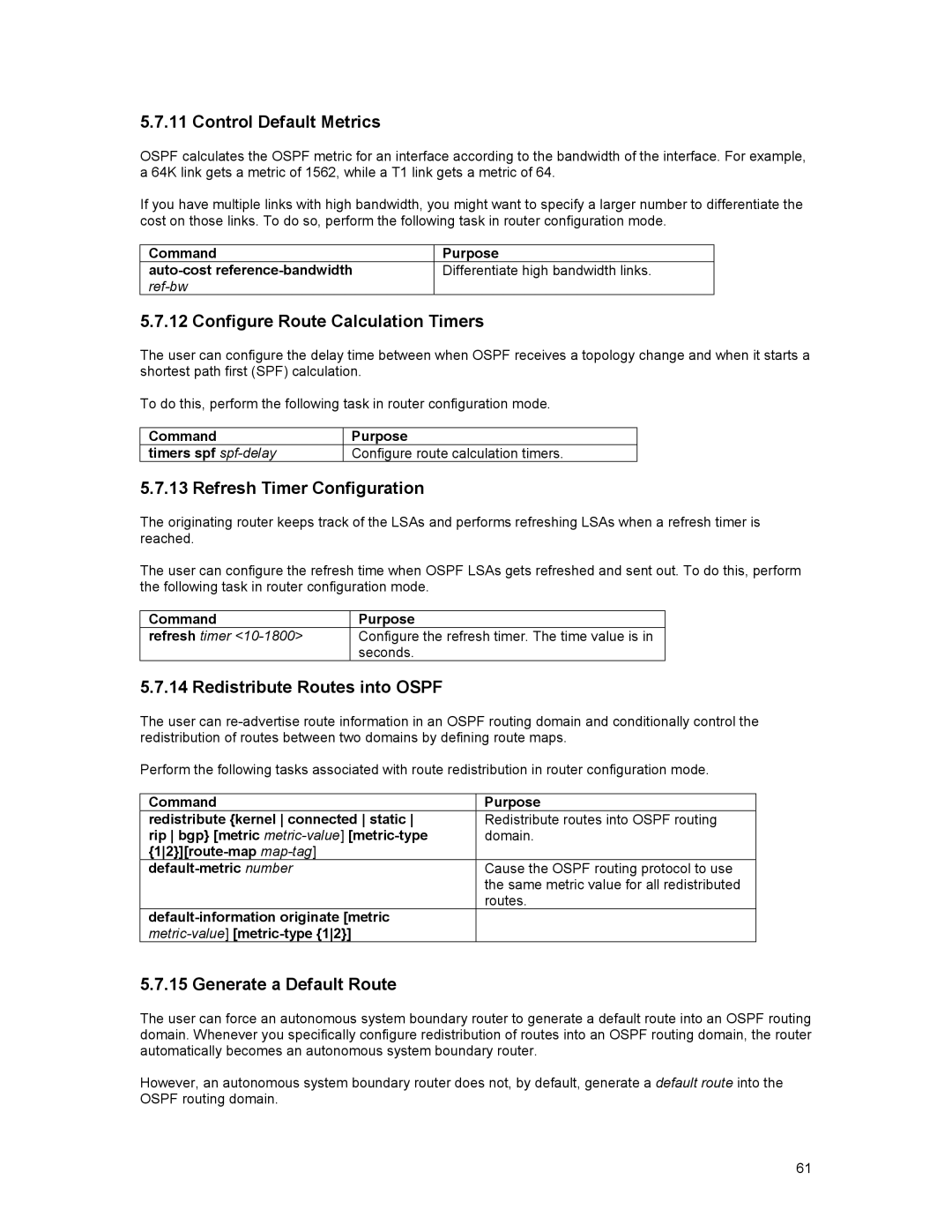 Asante Technologies 35516 Control Default Metrics, Configure Route Calculation Timers, Refresh Timer Configuration, Ref-bw 