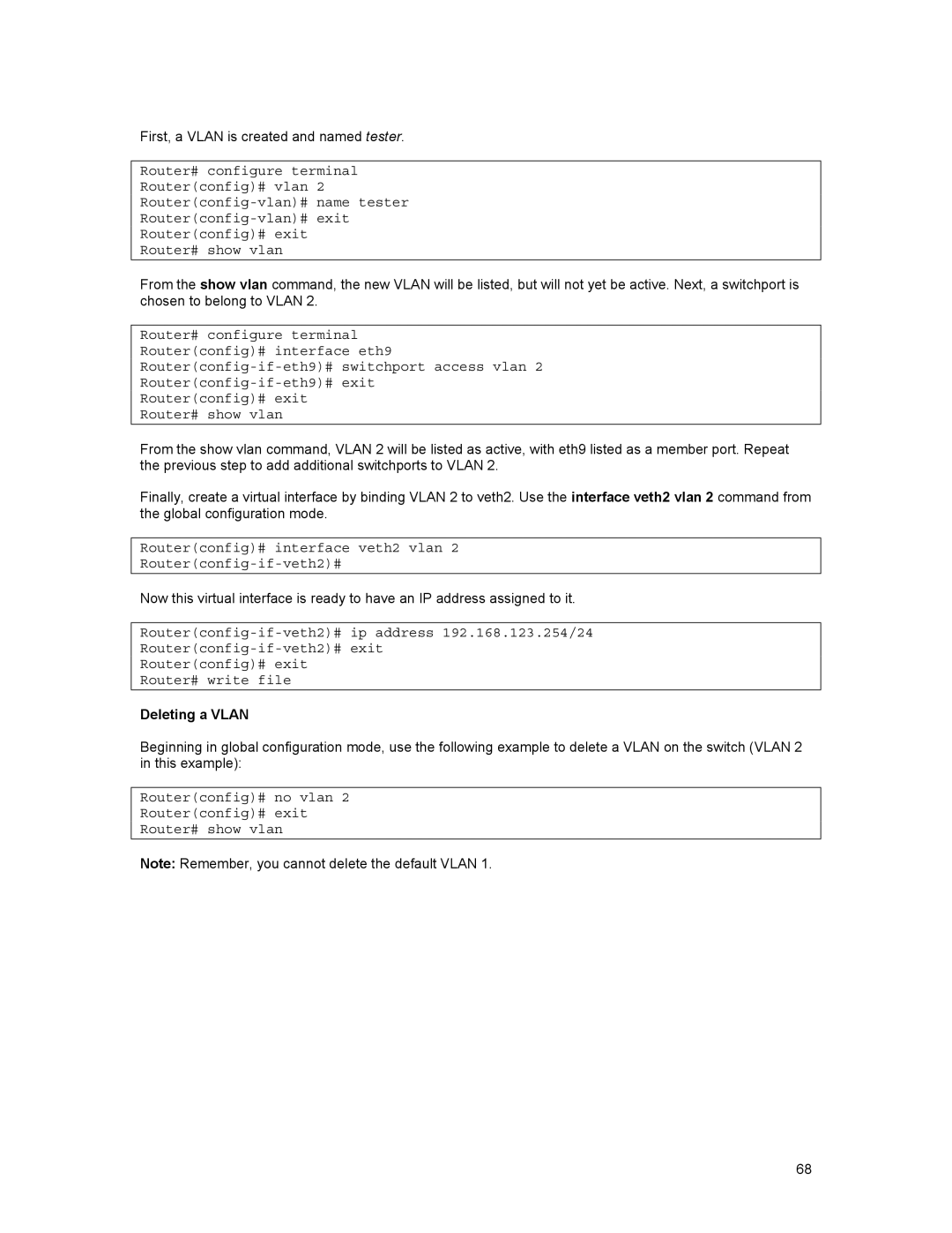 Asante Technologies 35516 user manual Routerconfig# interface veth2 vlan Routerconfig-if-veth2#, Deleting a Vlan 