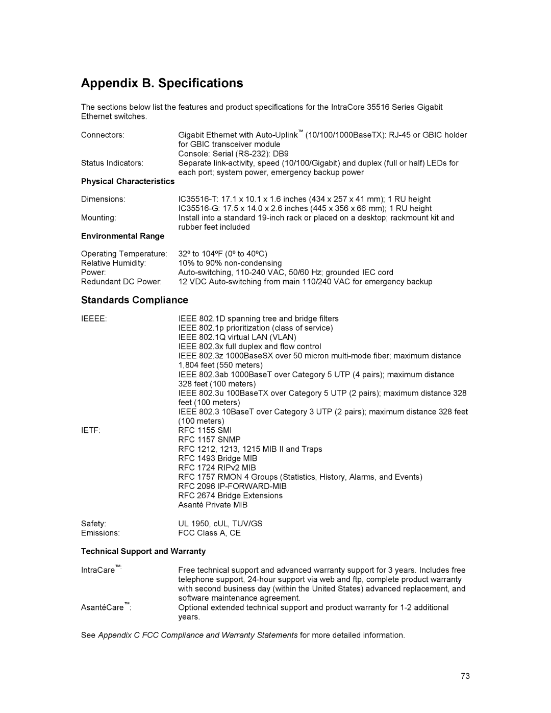 Asante Technologies 35516 Appendix B. Specifications, Standards Compliance, Physical Characteristics, Environmental Range 