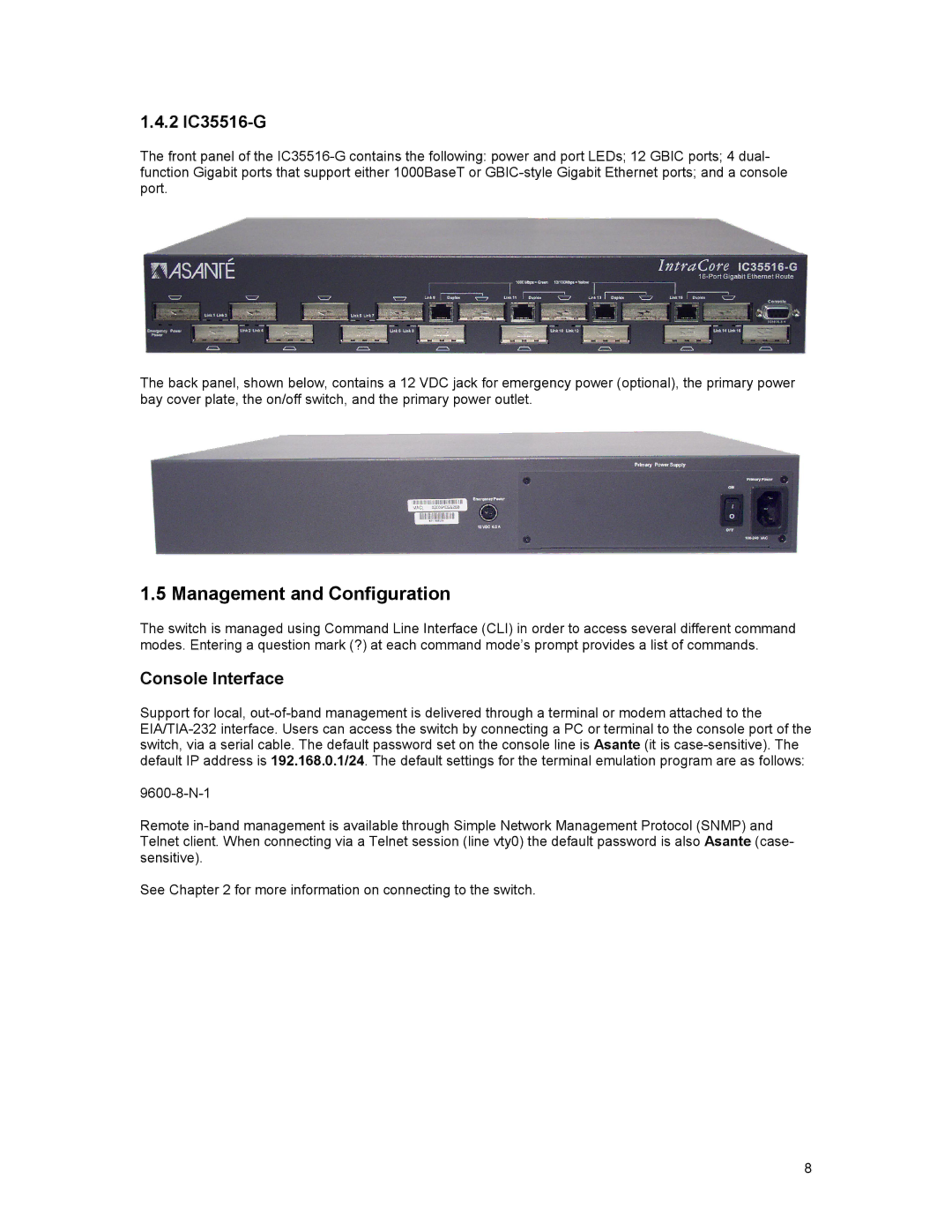 Asante Technologies 35516 user manual Management and Configuration, Console Interface 