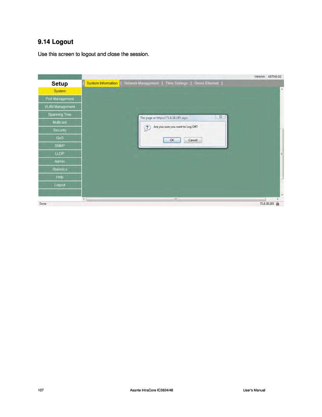 Asante Technologies Logout, Use this screen to logout and close the session, Asante IntraCore IC3624/48, User’s Manual 