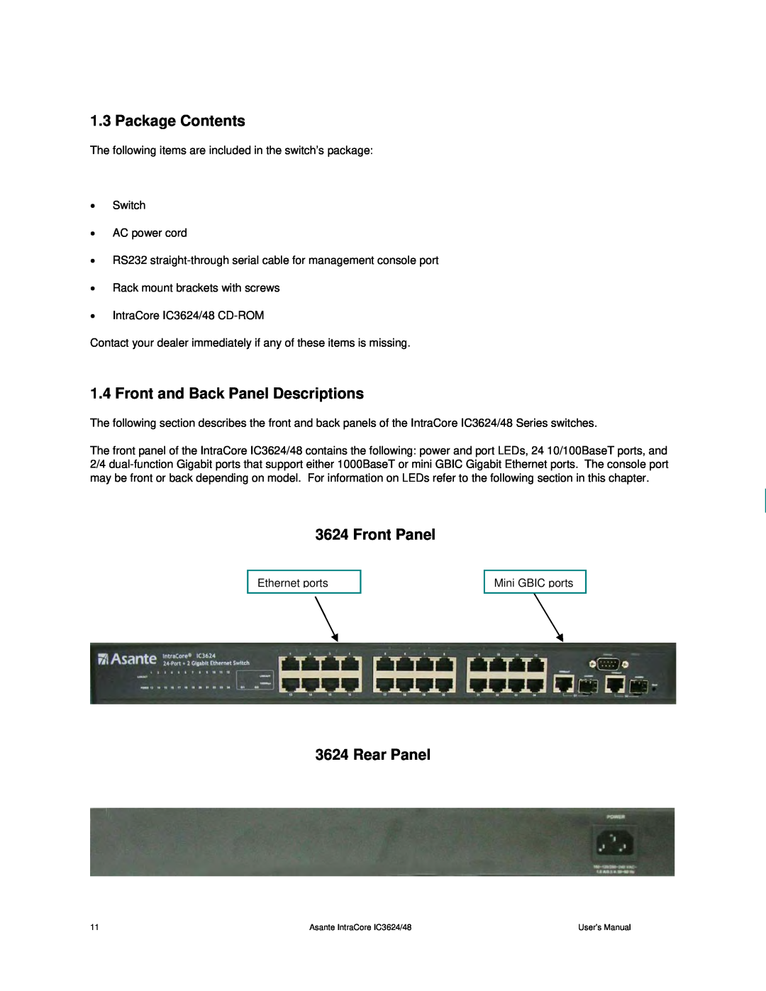 Asante Technologies 3624/48 user manual Package Contents, Front and Back Panel Descriptions, Front Panel, Rear Panel 