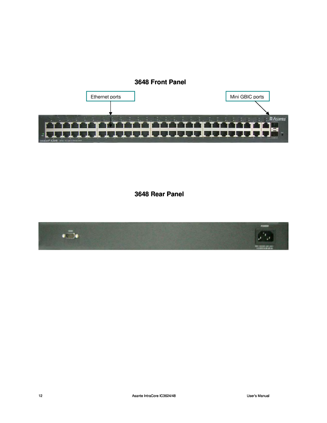 Asante Technologies Front Panel, Rear Panel, Ethernet ports, Mini GBIC ports, Asante IntraCore IC3624/48, User’s Manual 