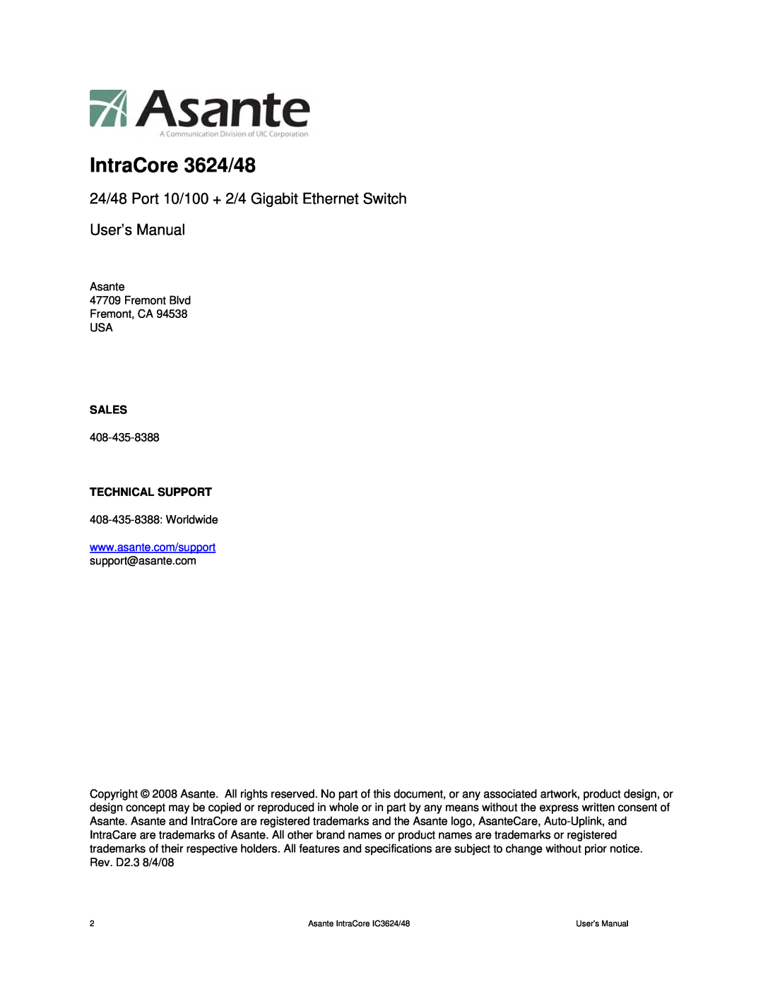 Asante Technologies user manual IntraCore 3624/48, 24/48 Port 10/100 + 2/4 Gigabit Ethernet Switch User’s Manual 