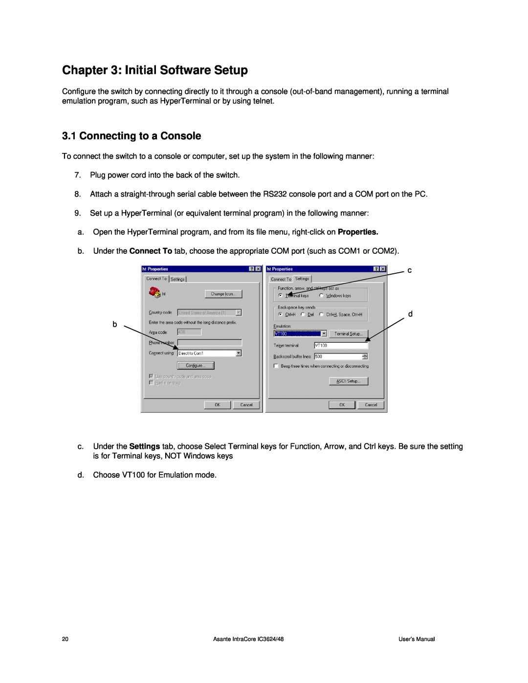 Asante Technologies 3624/48 user manual Initial Software Setup, Connecting to a Console 