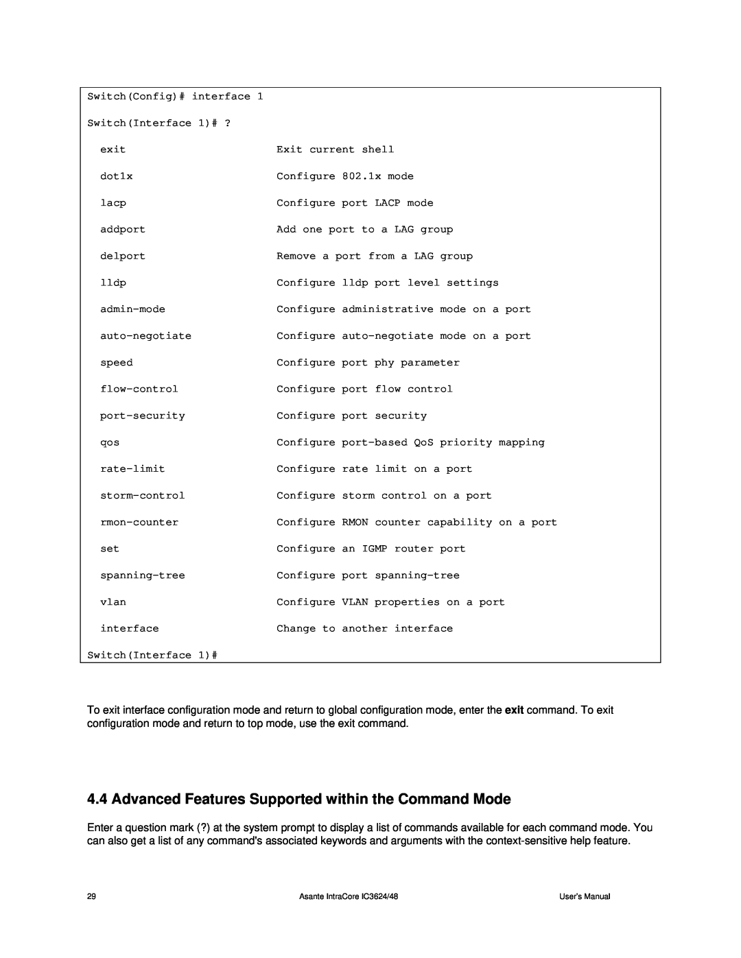 Asante Technologies 3624/48 user manual Advanced Features Supported within the Command Mode 