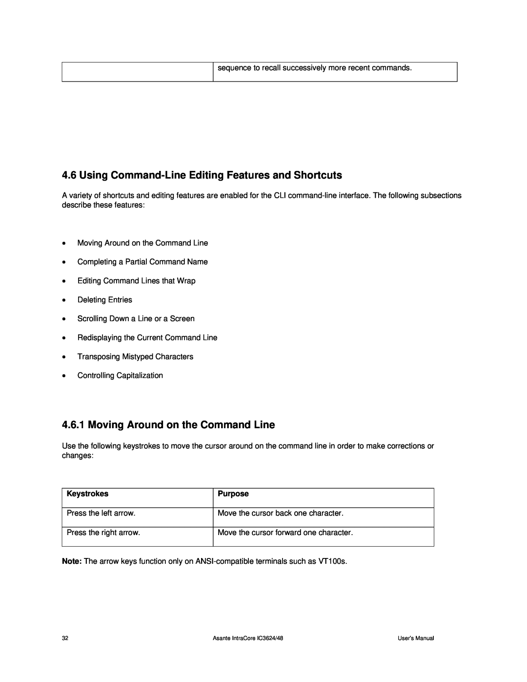 Asante Technologies 3624/48 Using Command-Line Editing Features and Shortcuts, Moving Around on the Command Line 