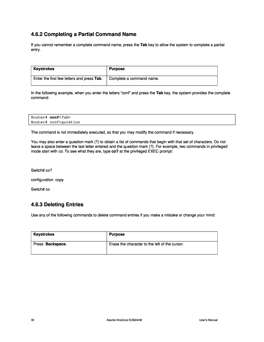 Asante Technologies 3624/48 user manual Completing a Partial Command Name, Deleting Entries 