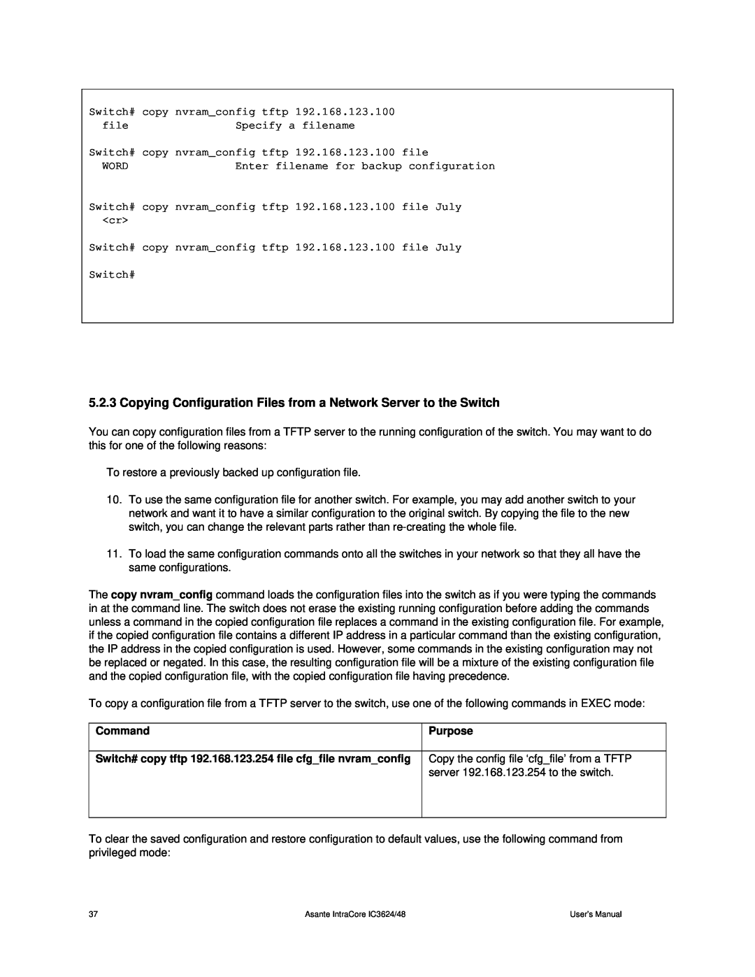 Asante Technologies 3624/48 user manual Copying Configuration Files from a Network Server to the Switch 