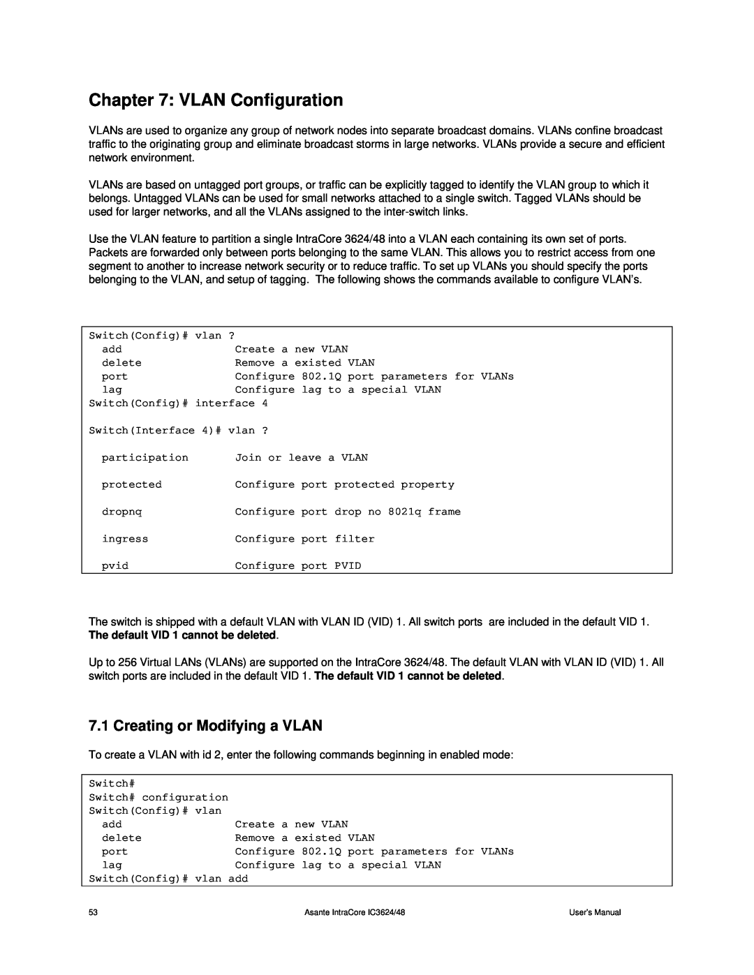 Asante Technologies 3624/48 user manual VLAN Configuration, Creating or Modifying a VLAN 