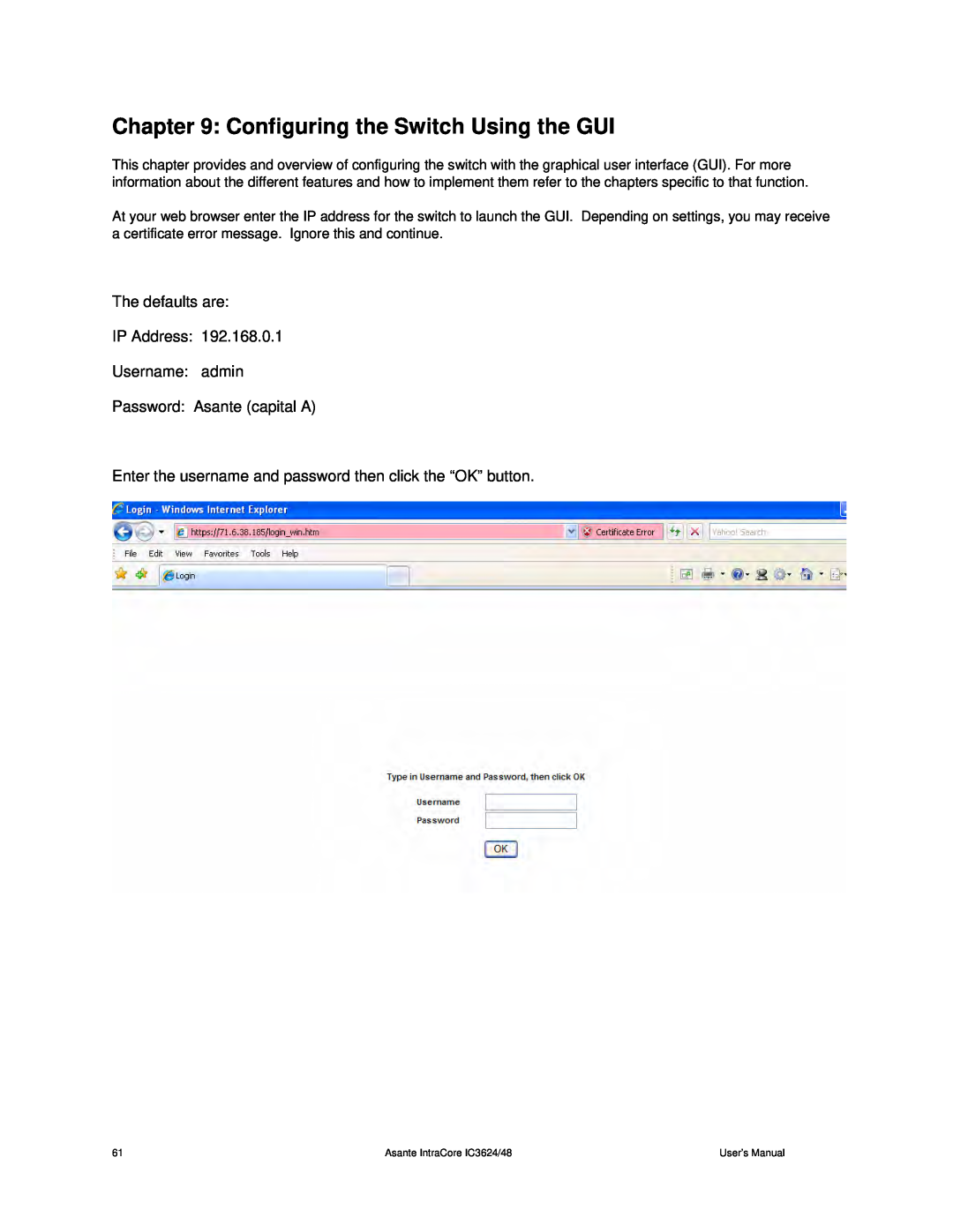 Asante Technologies 3624/48 user manual Configuring the Switch Using the GUI 