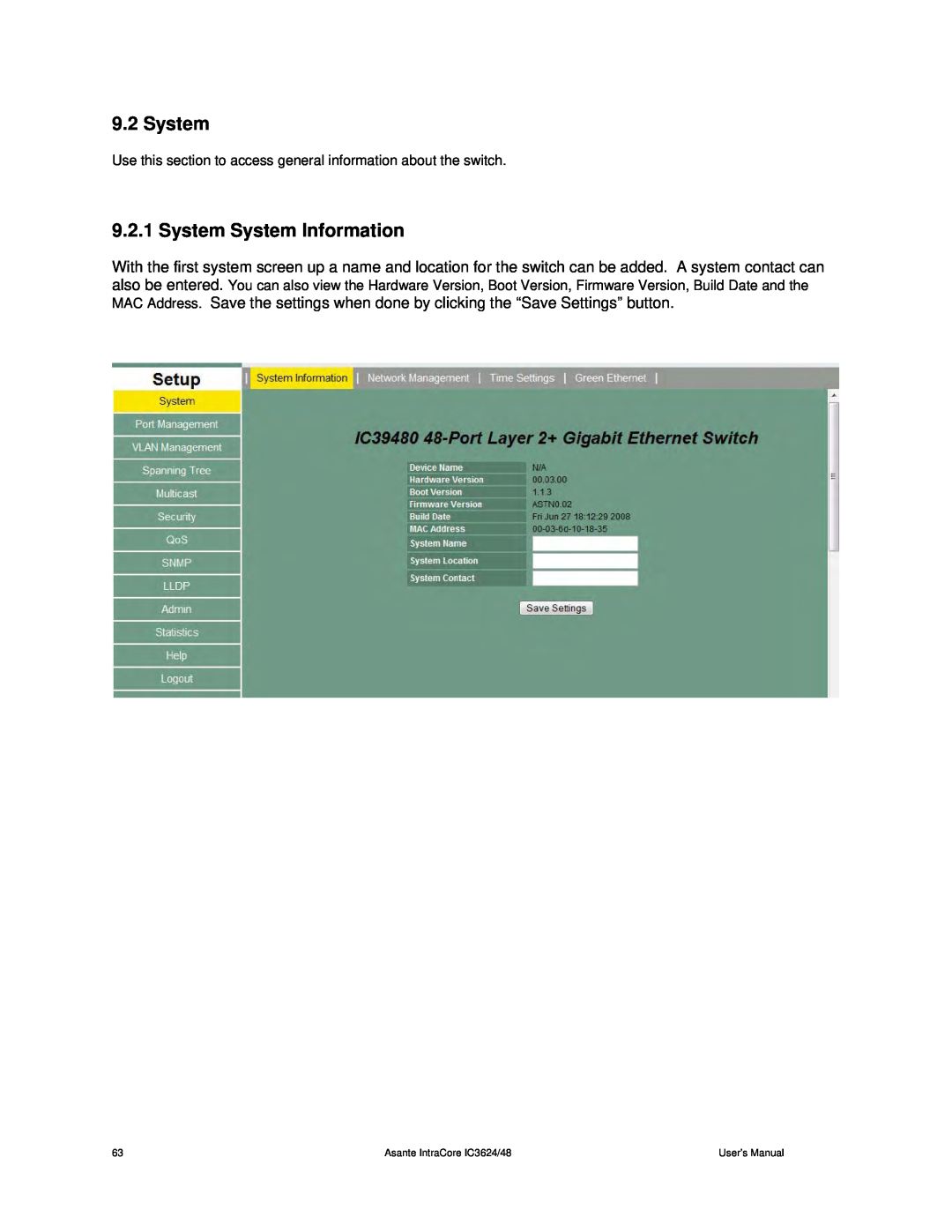 Asante Technologies user manual System System Information, Asante IntraCore IC3624/48, User’s Manual 