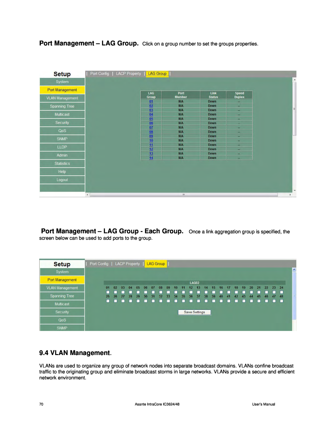 Asante Technologies user manual VLAN Management, Asante IntraCore IC3624/48 