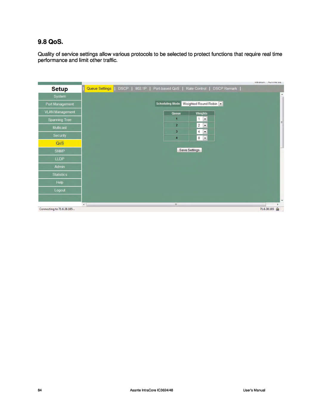Asante Technologies user manual 9.8 QoS, Asante IntraCore IC3624/48, User’s Manual 