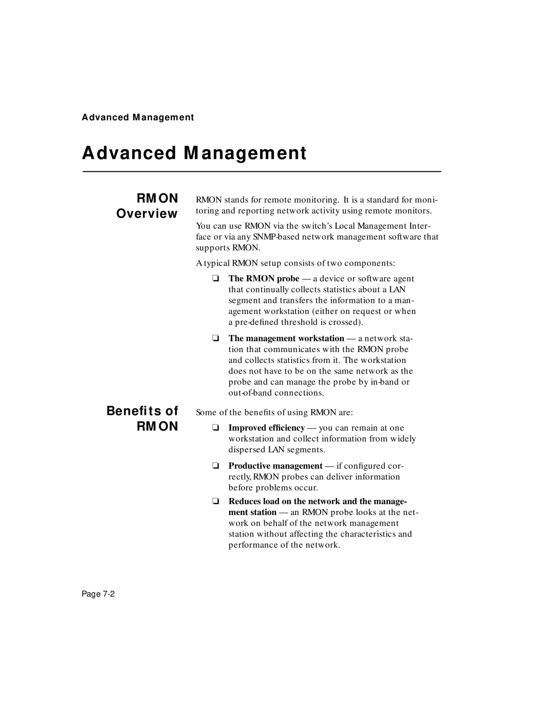 Asante Technologies 5212 user manual Advanced Management, Rmon Overview Beneﬁts 