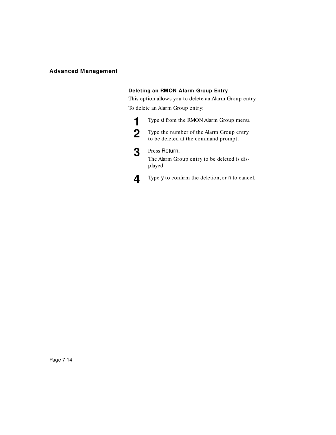 Asante Technologies 5212 user manual Deleting an Rmon Alarm Group Entry 