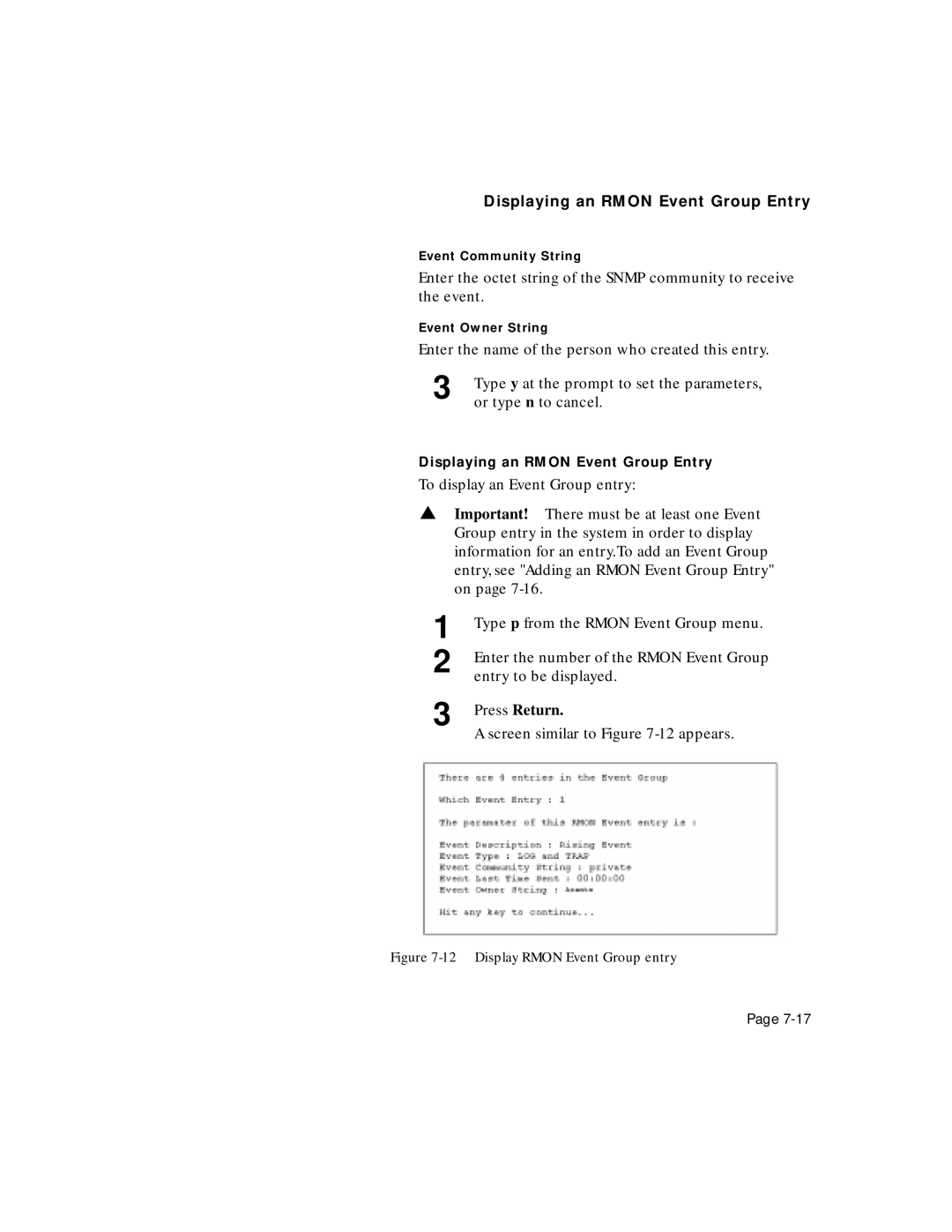 Asante Technologies 5212 user manual Displaying an Rmon Event Group Entry, Event Community String, Event Owner String 