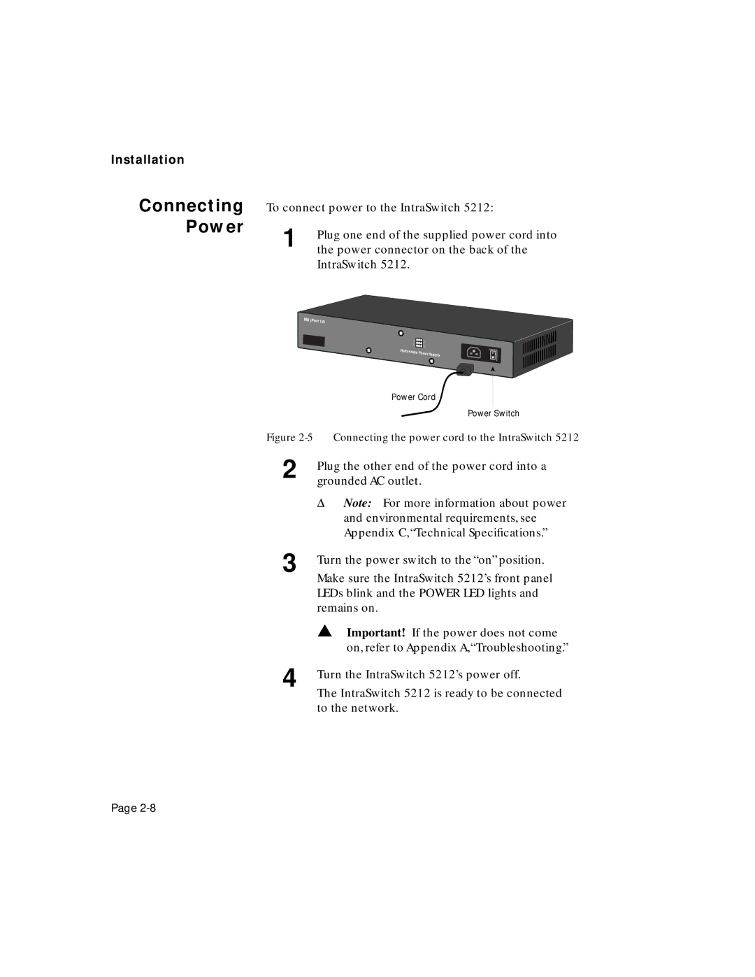 Asante Technologies 5212 user manual Connecting Power, Connecting the power cord to the IntraSwitch 