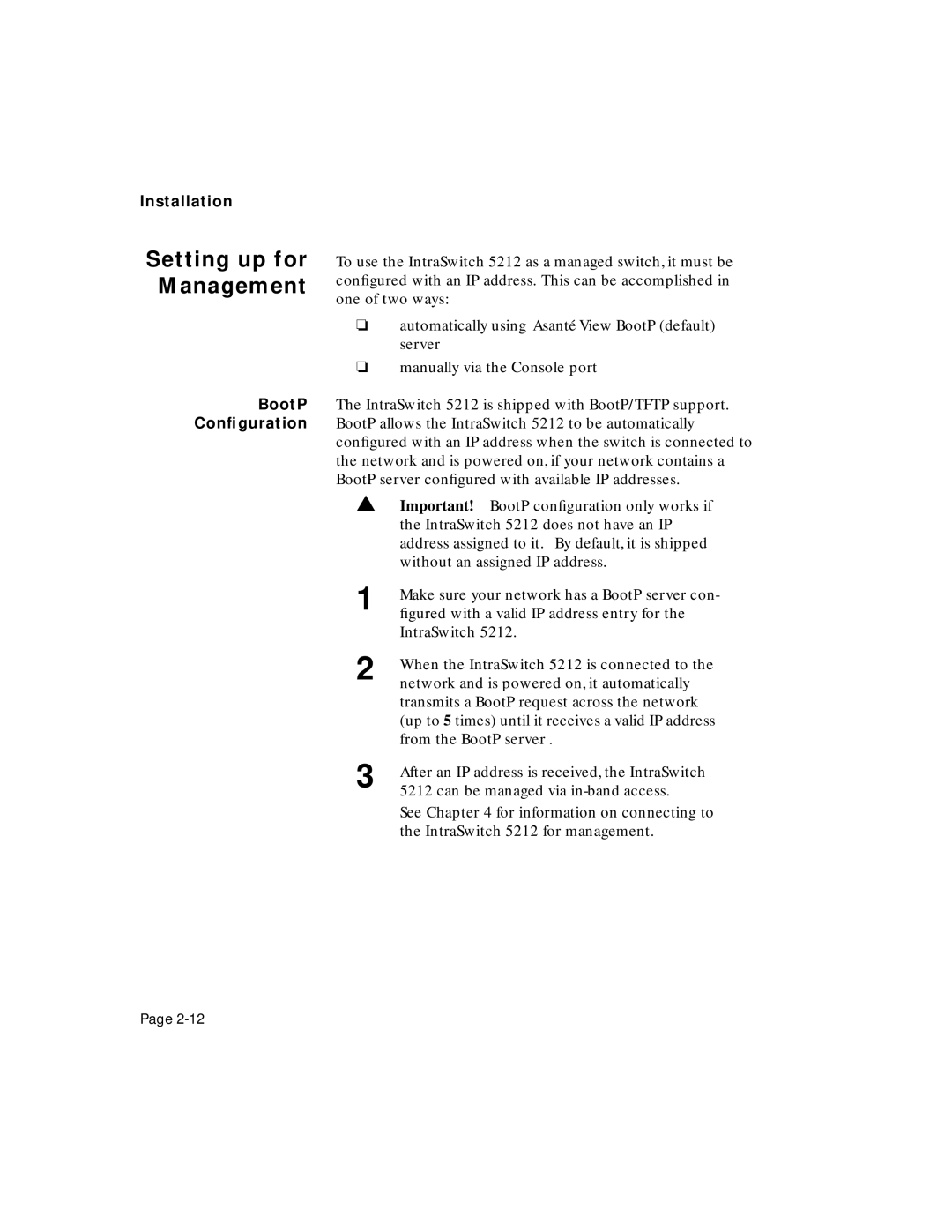 Asante Technologies 5212 user manual Setting up for Management, Installation 