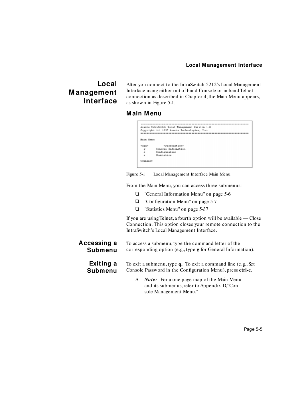 Asante Technologies 5212 user manual Local Management Interface, Accessing a Submenu Exiting a, Main Menu 