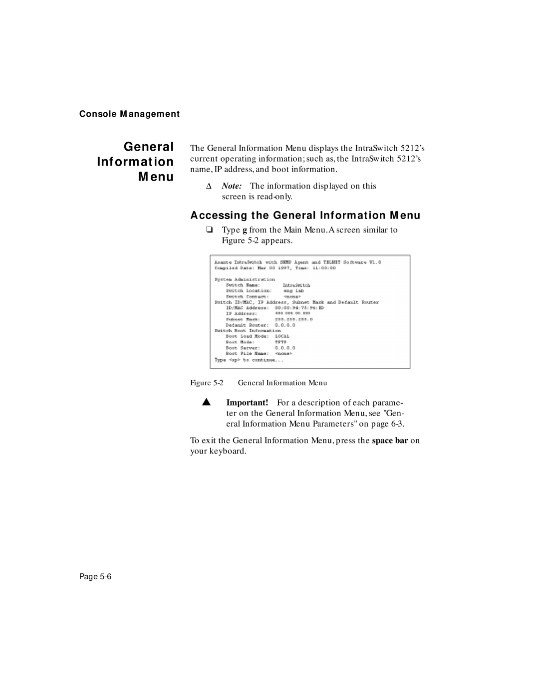 Asante Technologies 5212 user manual Accessing the General Information Menu 