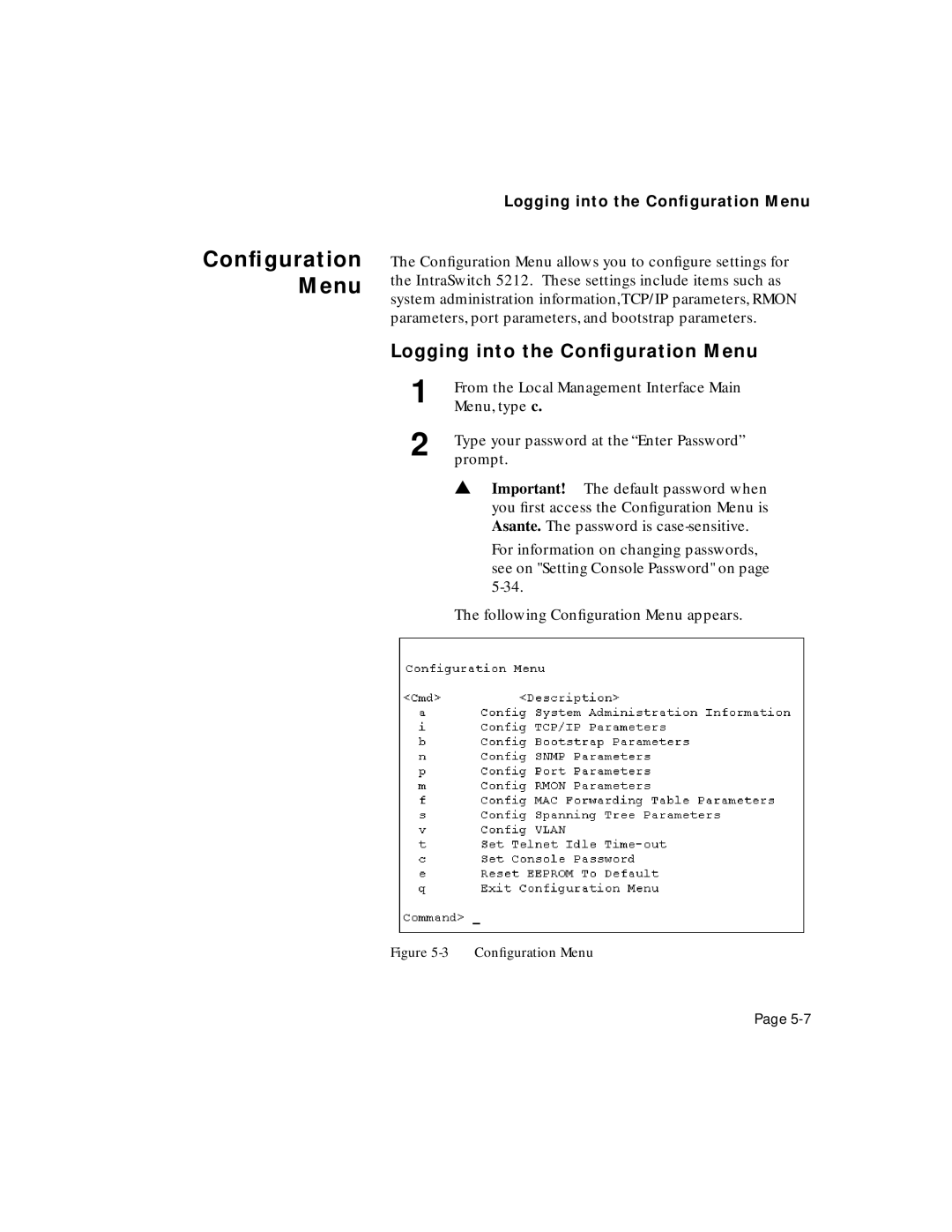 Asante Technologies 5212 user manual Logging into the Conﬁguration Menu 