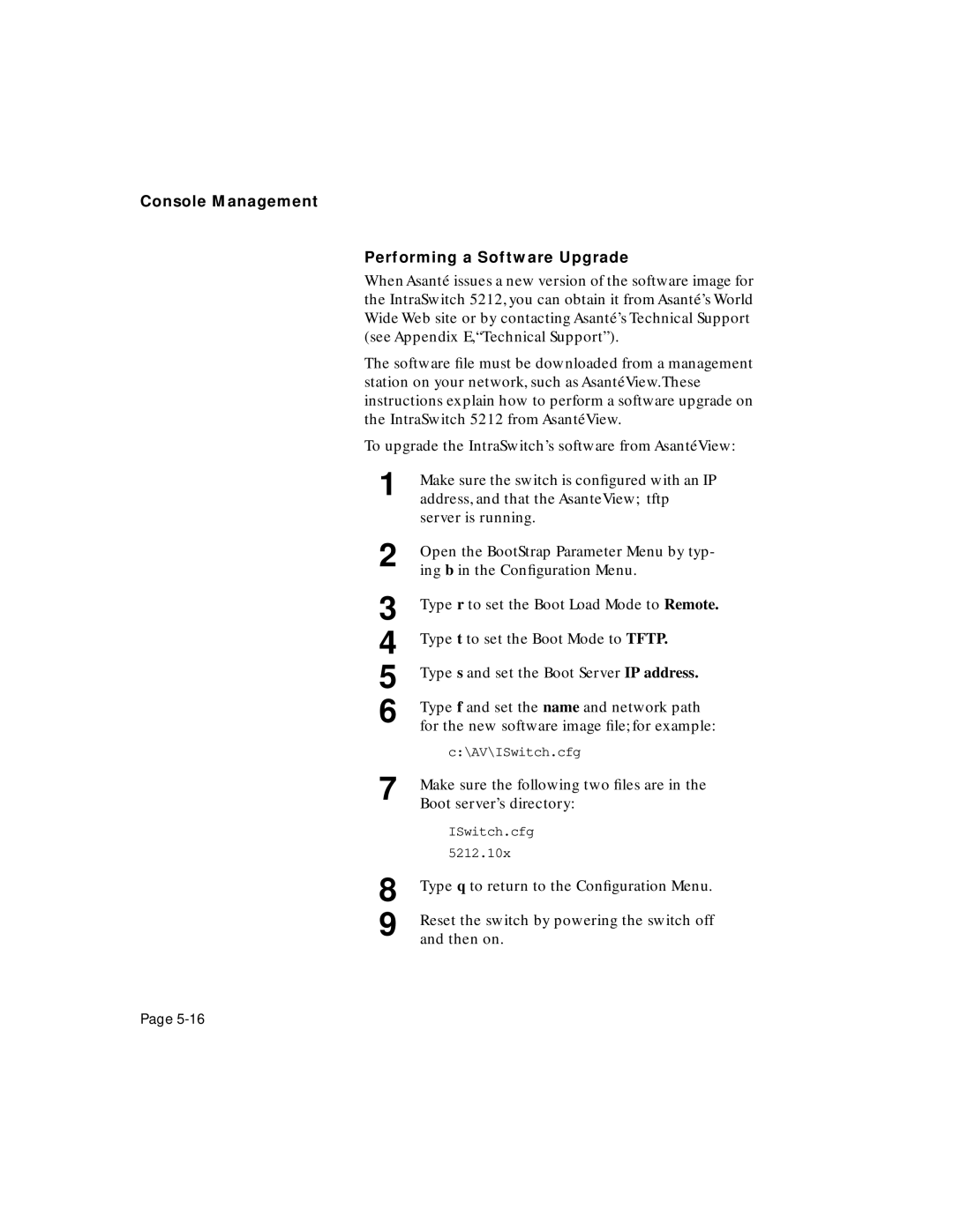 Asante Technologies 5212 user manual Console Management Performing a Software Upgrade 