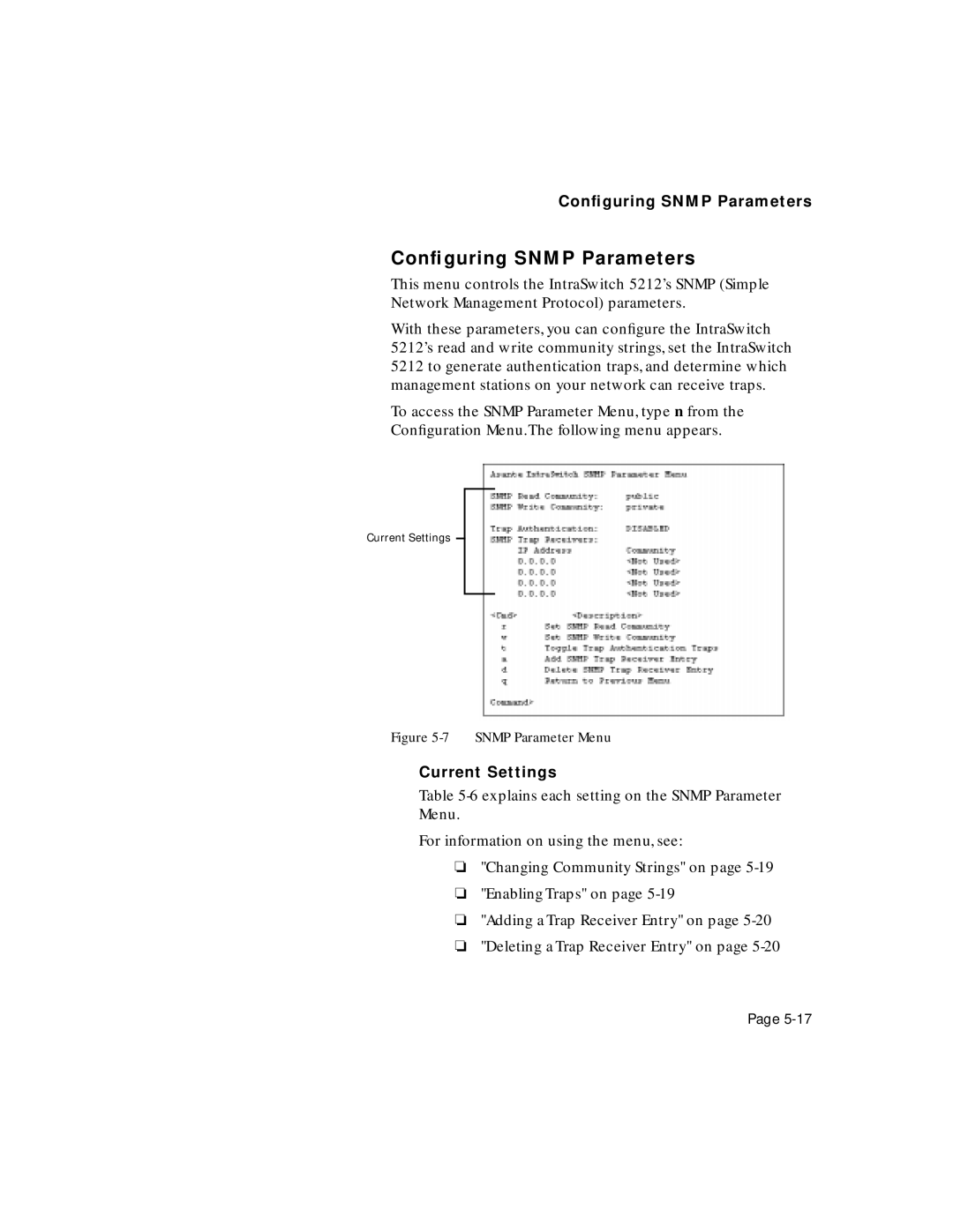 Asante Technologies 5212 user manual Conﬁguring Snmp Parameters 