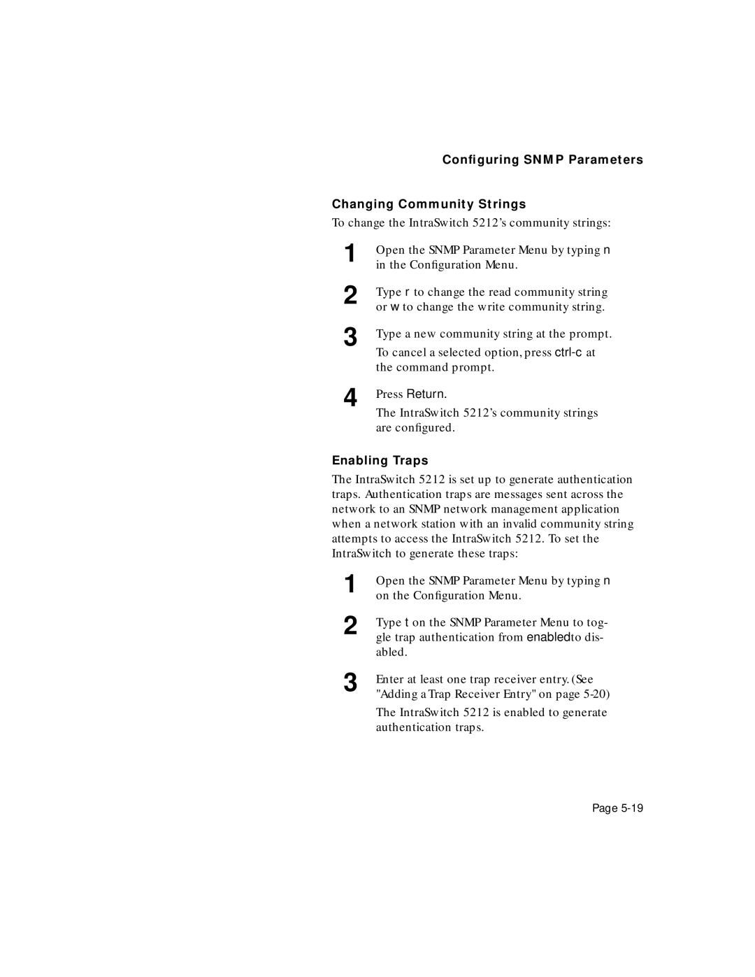 Asante Technologies 5212 user manual Conﬁguring Snmp Parameters Changing Community Strings, Enabling Traps 