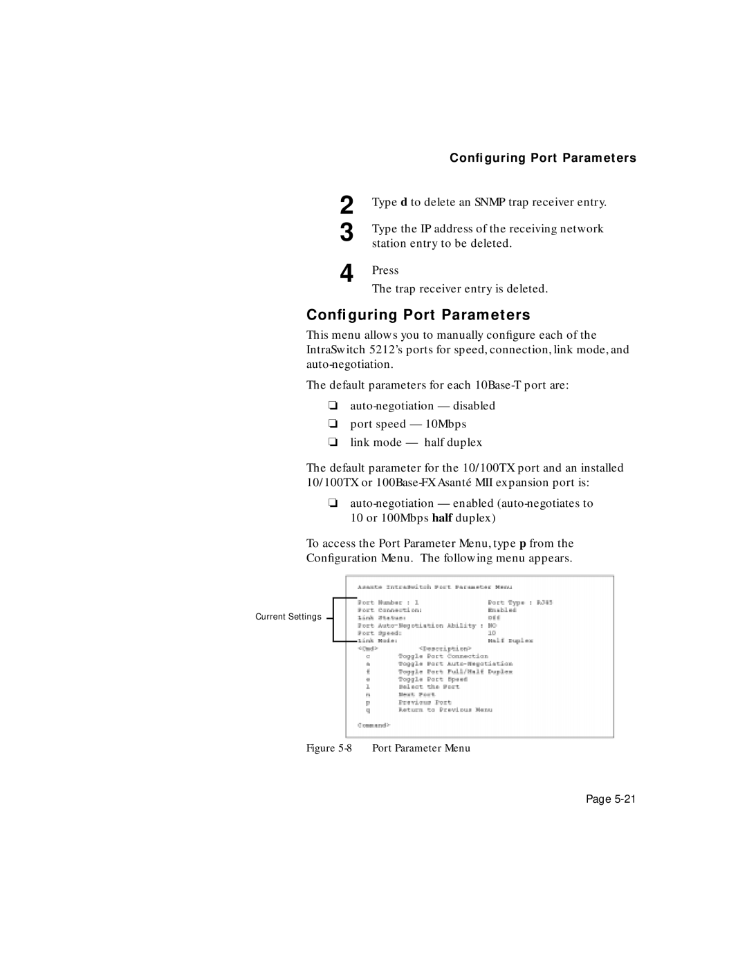 Asante Technologies 5212 user manual Conﬁguring Port Parameters 