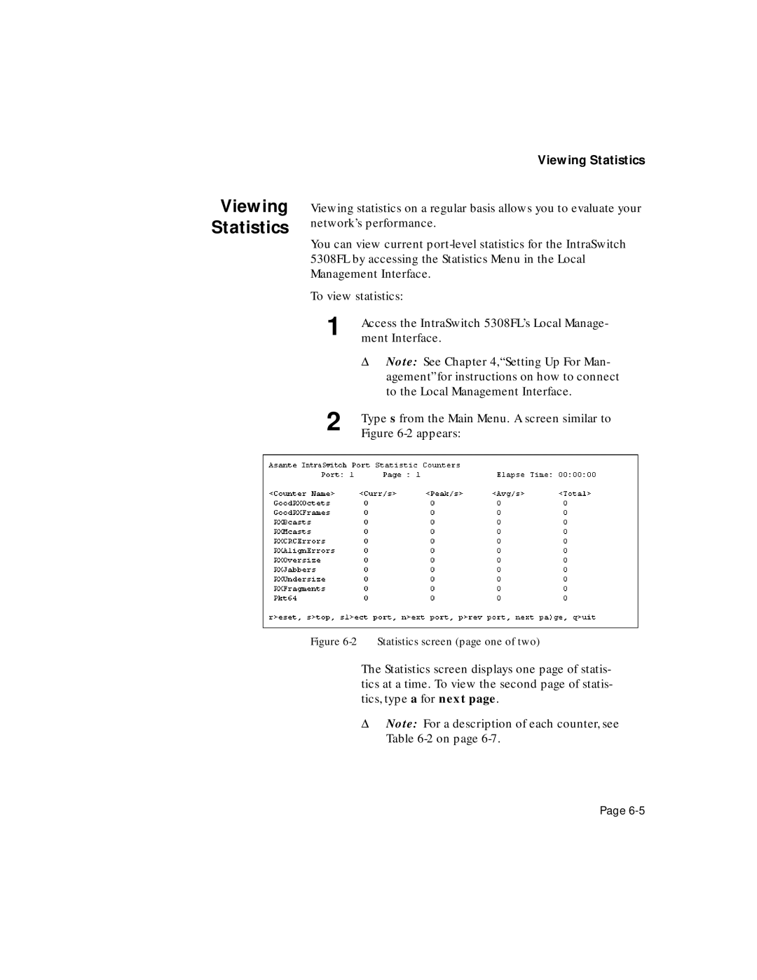 Asante Technologies 5308F user manual Viewing Statistics, Statistics screen page one of two 