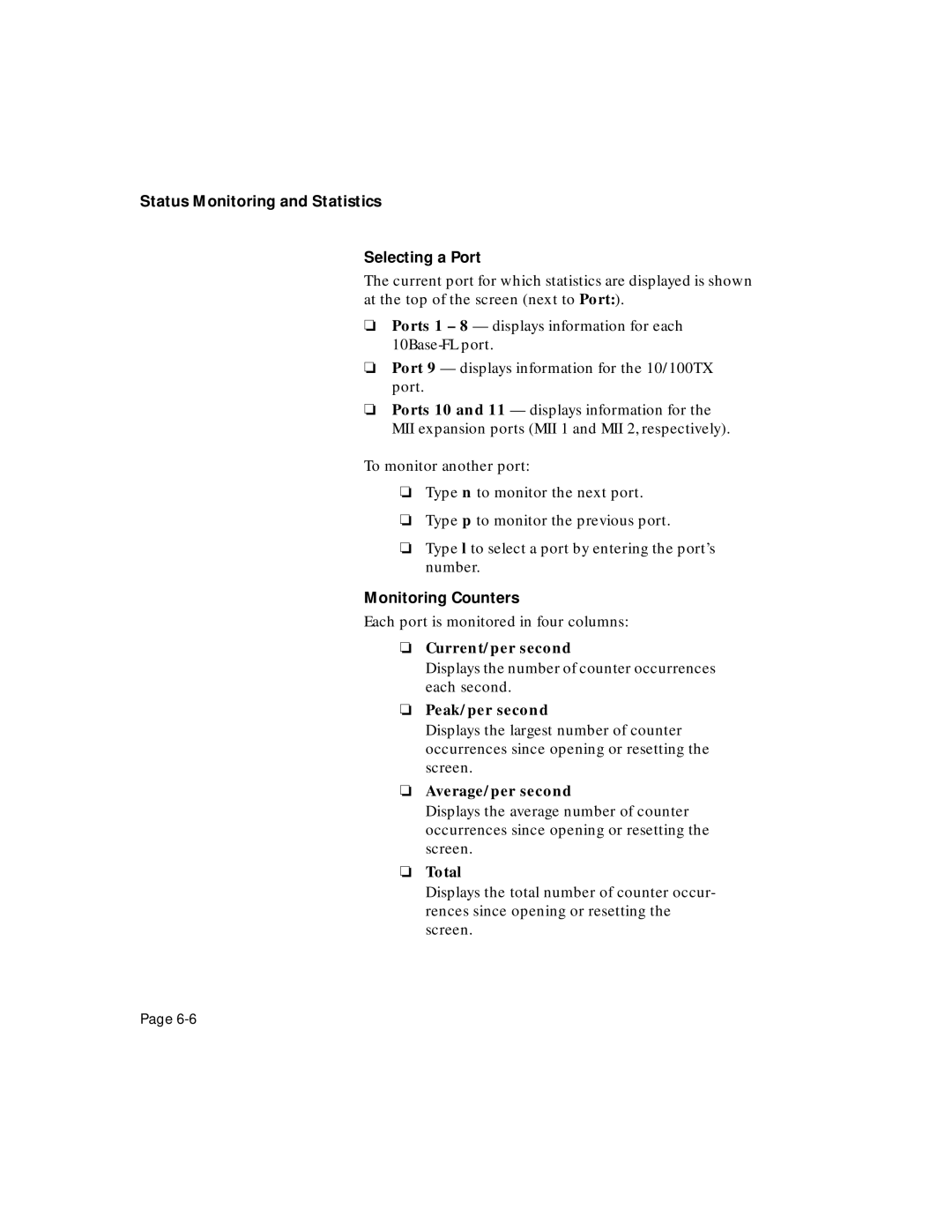 Asante Technologies 5308F user manual Status Monitoring and Statistics Selecting a Port, Monitoring Counters 