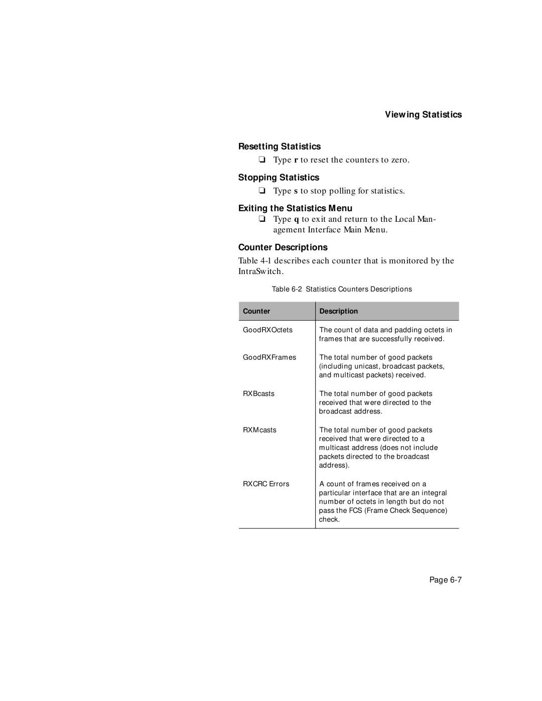 Asante Technologies 5308F Viewing Statistics Resetting Statistics, Stopping Statistics, Exiting the Statistics Menu 