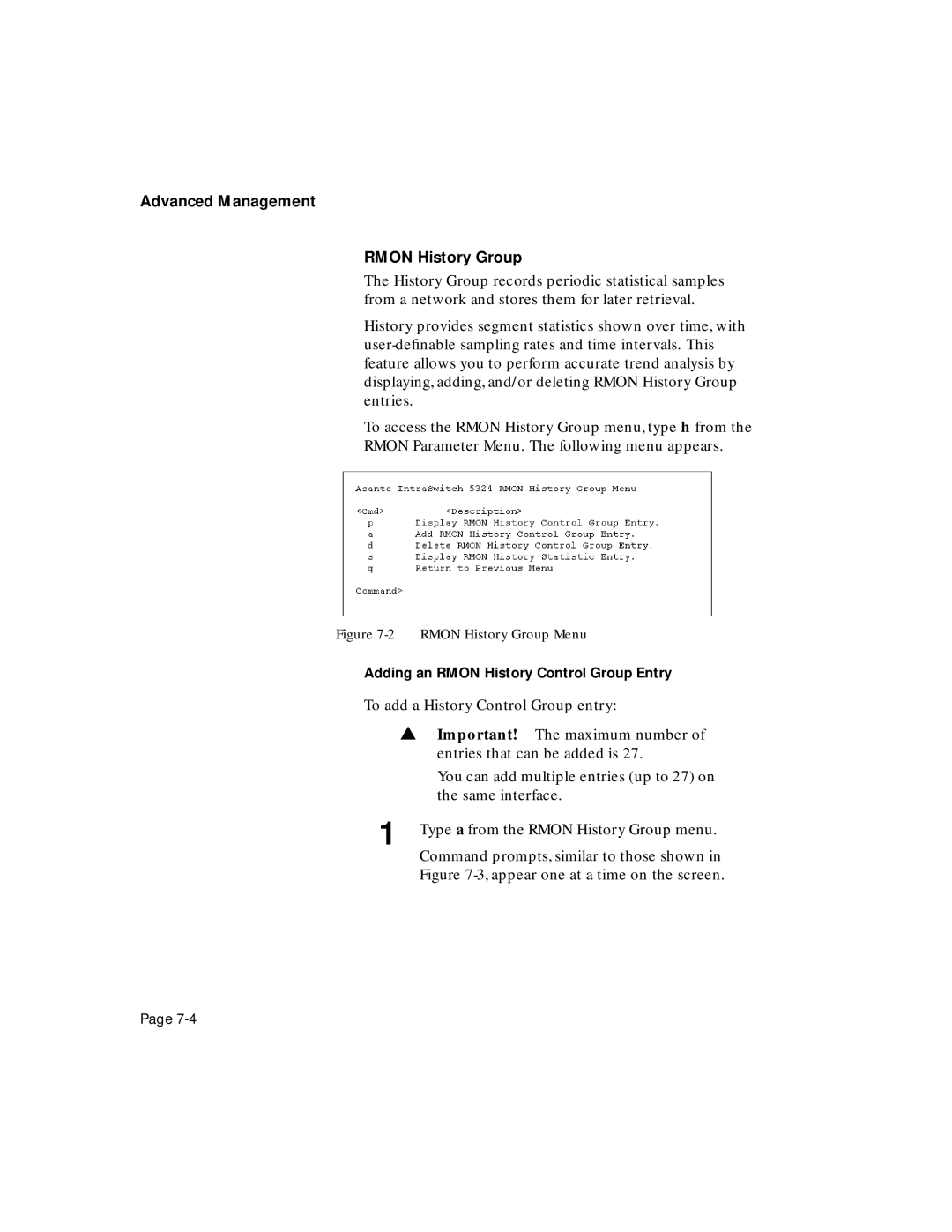 Asante Technologies 5308F user manual Advanced Management Rmon History Group, Rmon History Group Menu 