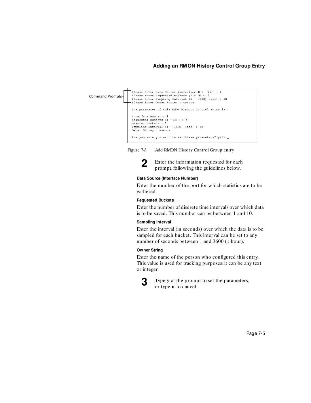 Asante Technologies 5308F Adding an Rmon History Control Group Entry, Data Source Interface Number, Requested Buckets 