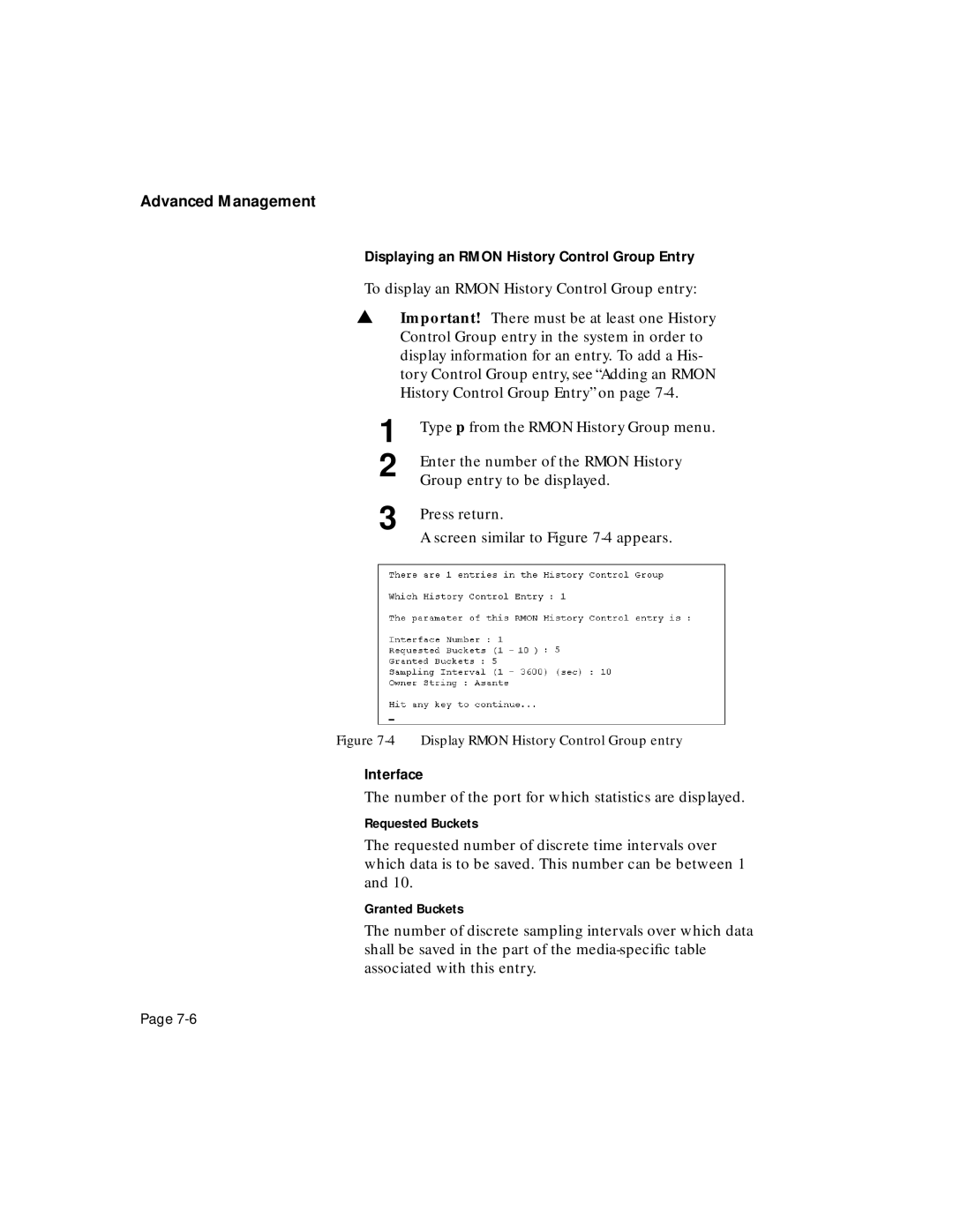 Asante Technologies 5308F user manual Display Rmon History Control Group entry, Granted Buckets 