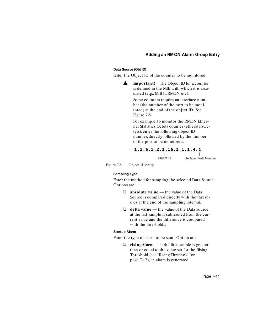 Asante Technologies 5308F user manual Adding an Rmon Alarm Group Entry, Data Source Obj ID, Sampling Type, Startup Alarm 