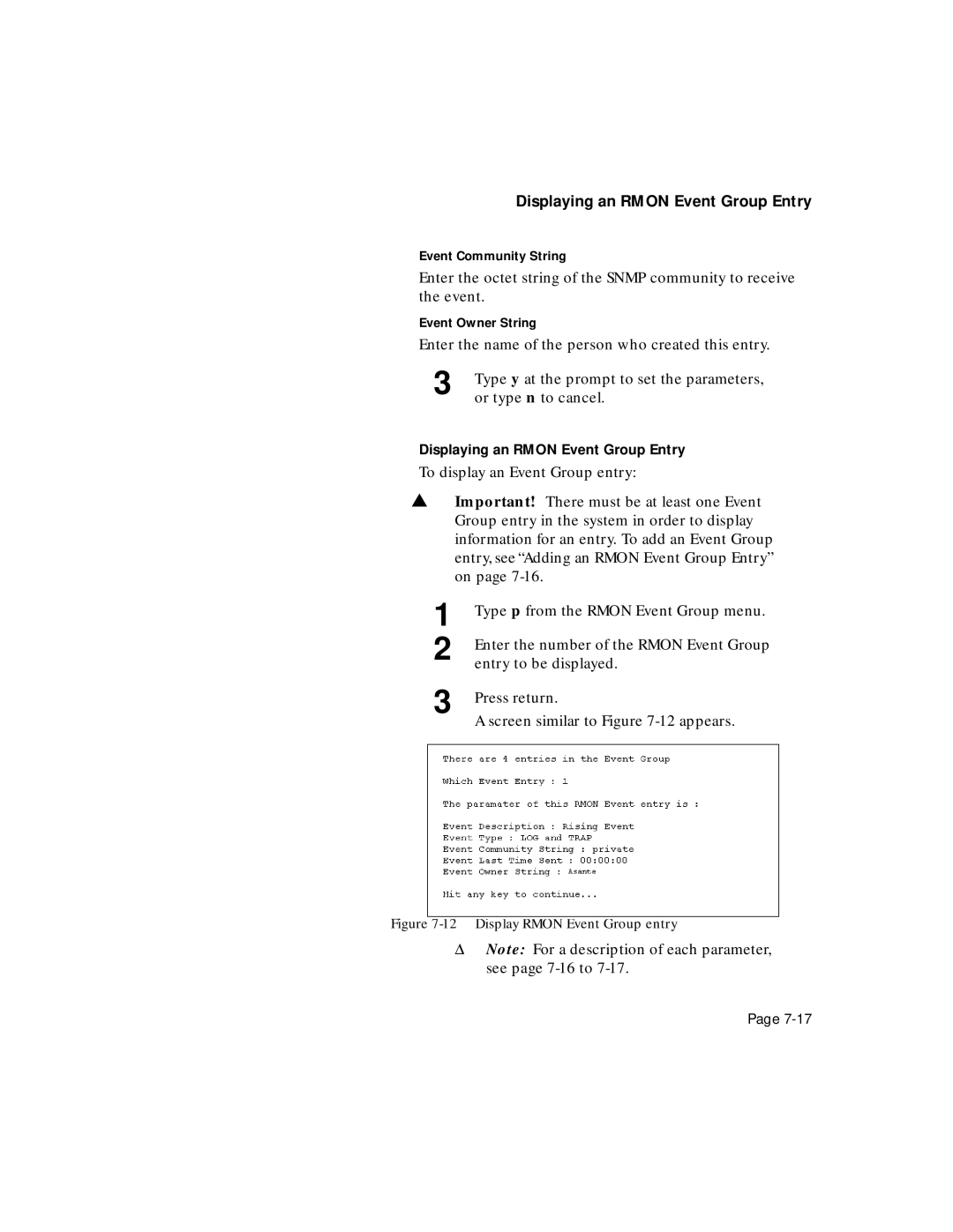 Asante Technologies 5308F user manual Displaying an Rmon Event Group Entry, Event Community String, Event Owner String 