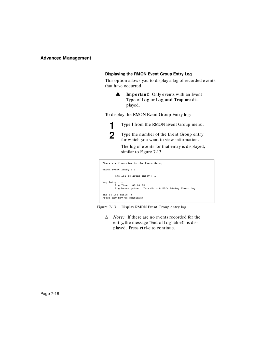 Asante Technologies 5308F user manual Displaying the Rmon Event Group Entry Log 