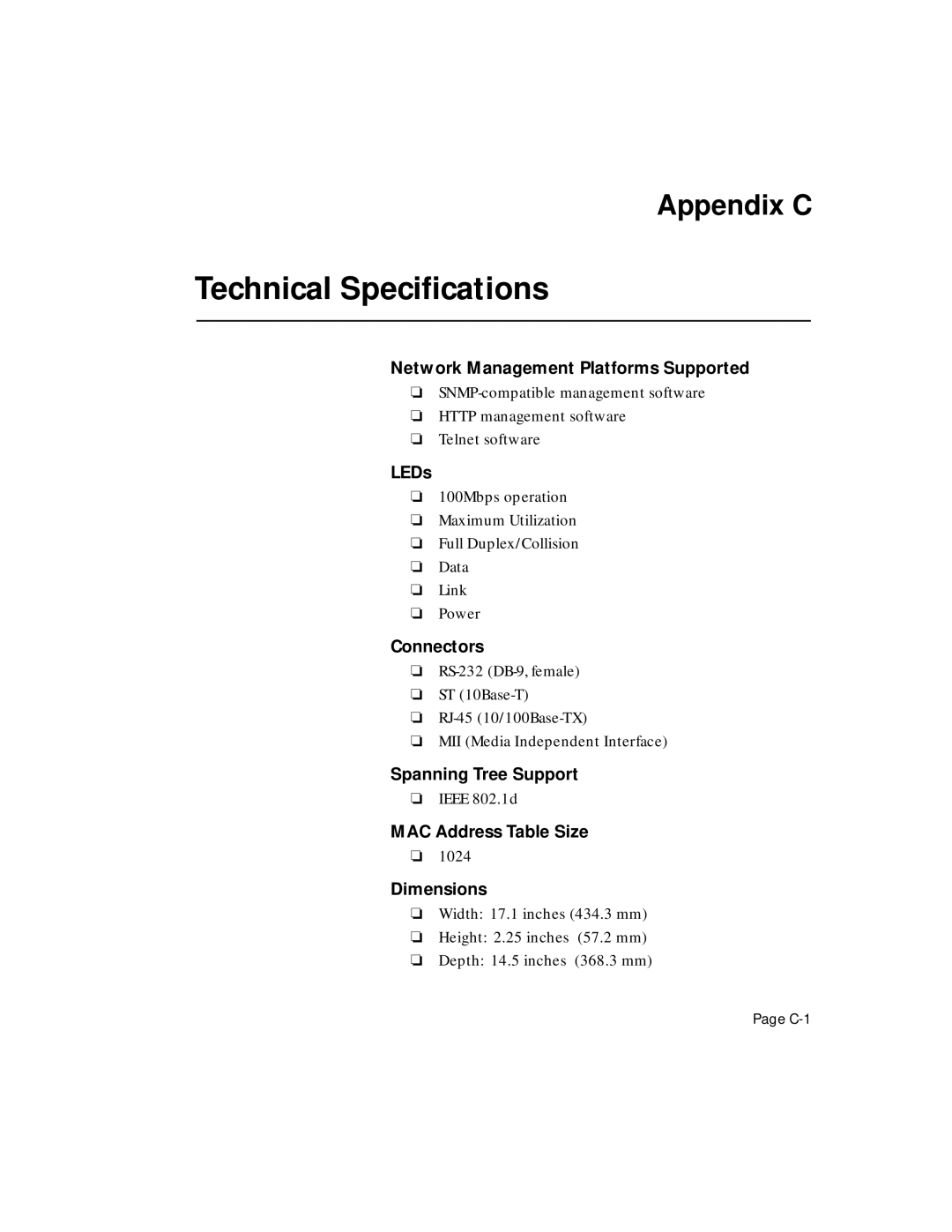 Asante Technologies 5308F user manual Technical Speciﬁcations 