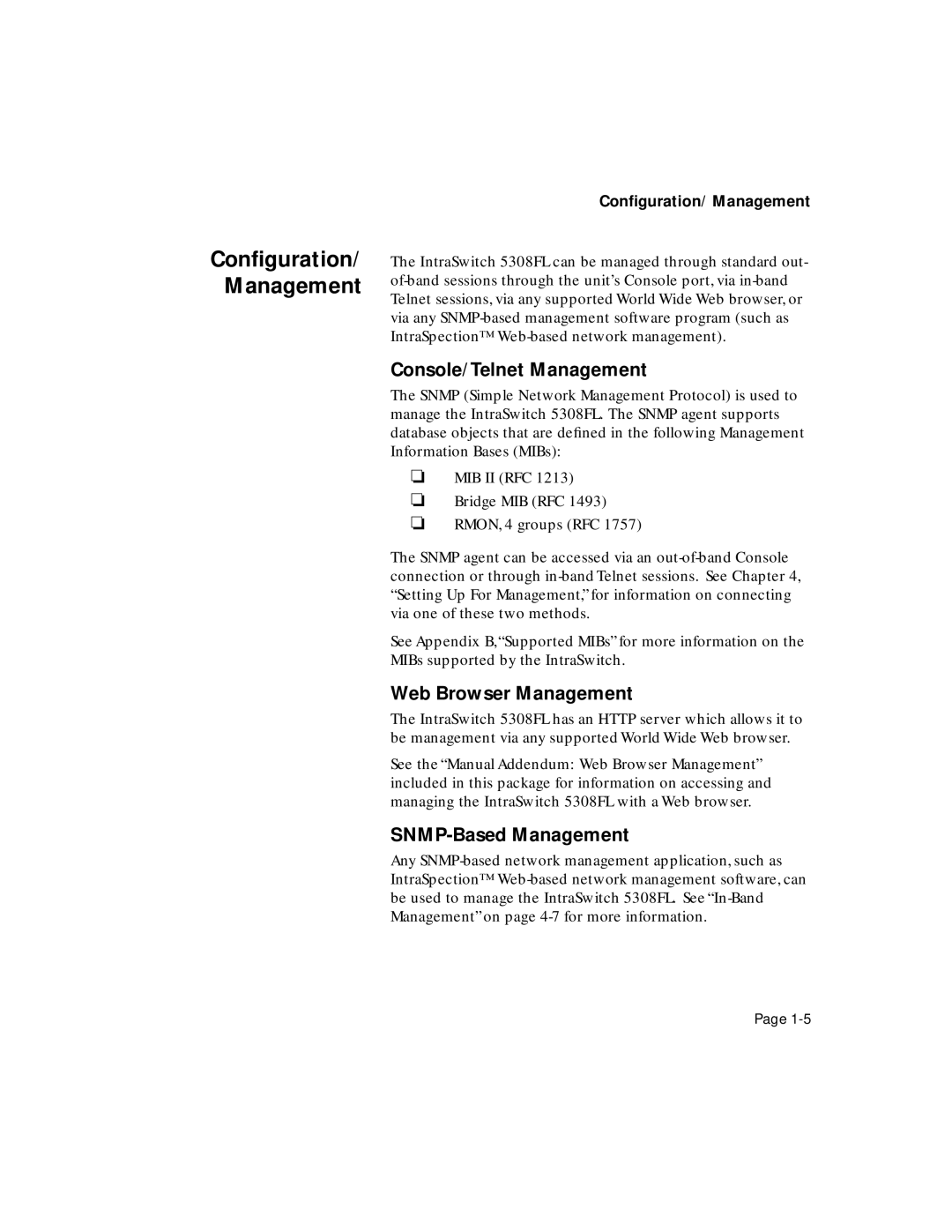 Asante Technologies 5308F user manual Conﬁguration/ Management, Console/Telnet Management, Web Browser Management 