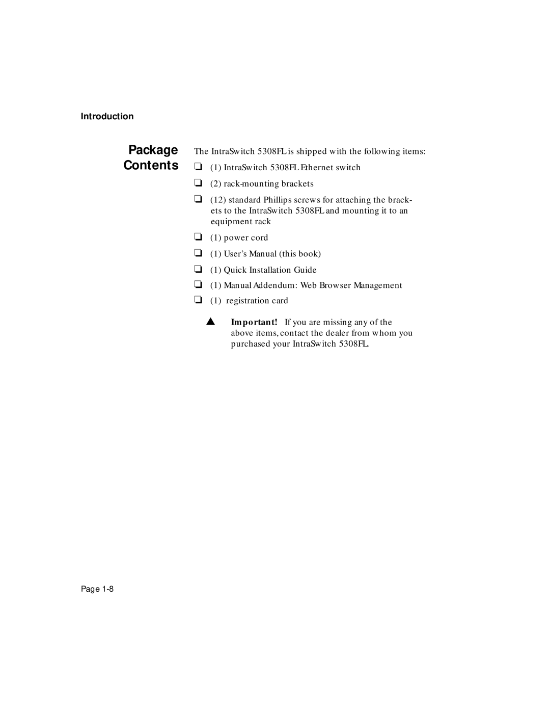 Asante Technologies 5308F user manual Package Contents 