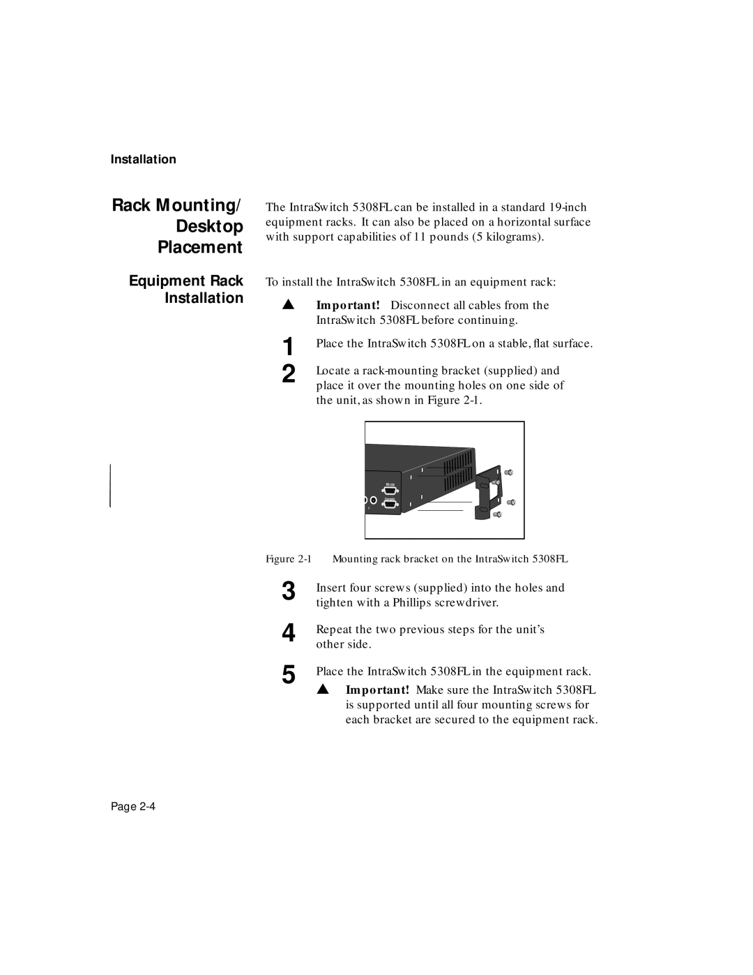 Asante Technologies 5308F user manual Rack Mounting Desktop Placement, Equipment Rack Installation 