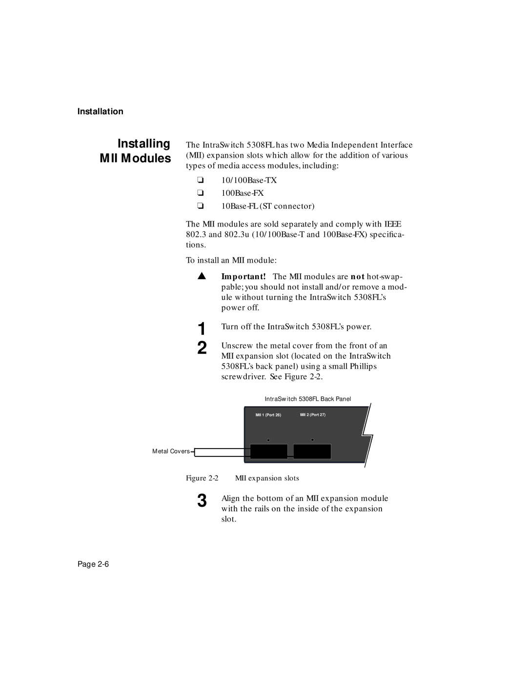 Asante Technologies 5308F user manual Installing MII Modules 